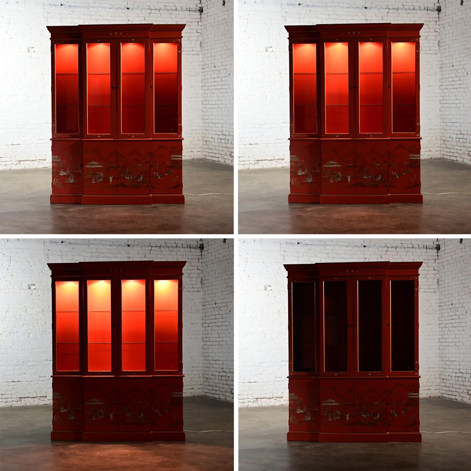 Chinoiserie Chinese Red Breakfront Lighted Hutch Bookcase or Display Cabinet 10