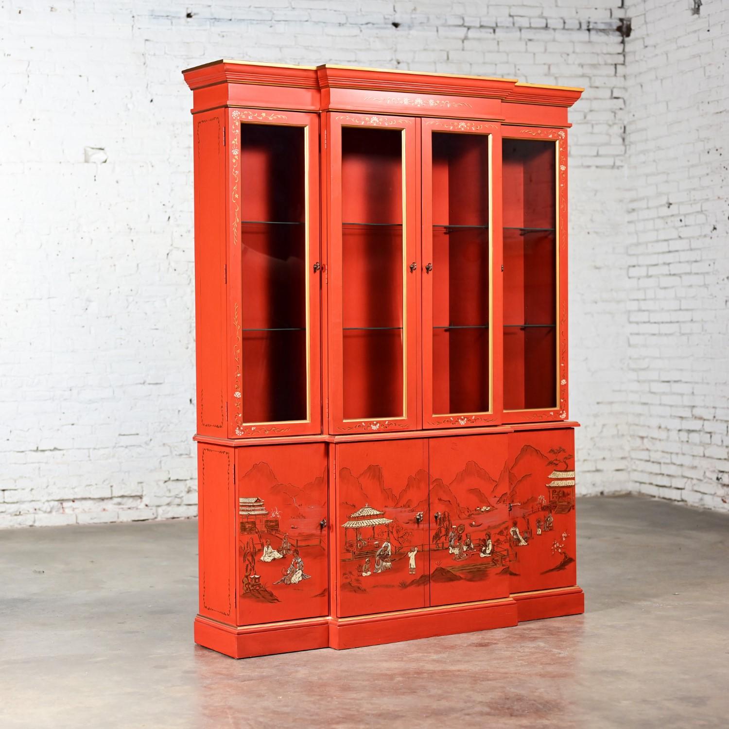 Chinoiserie Chinese Red Breakfront Lighted Hutch Bookcase or Display Cabinet 12