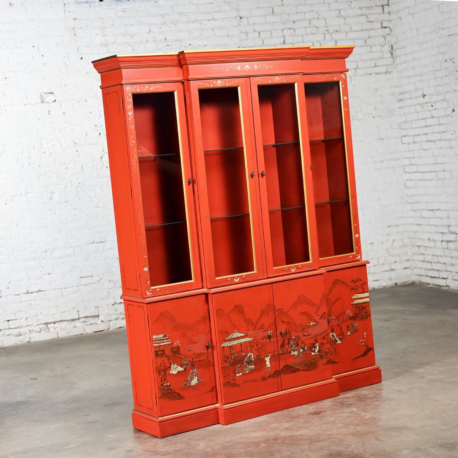Unknown Chinoiserie Chinese Red Breakfront Lighted Hutch Bookcase or Display Cabinet