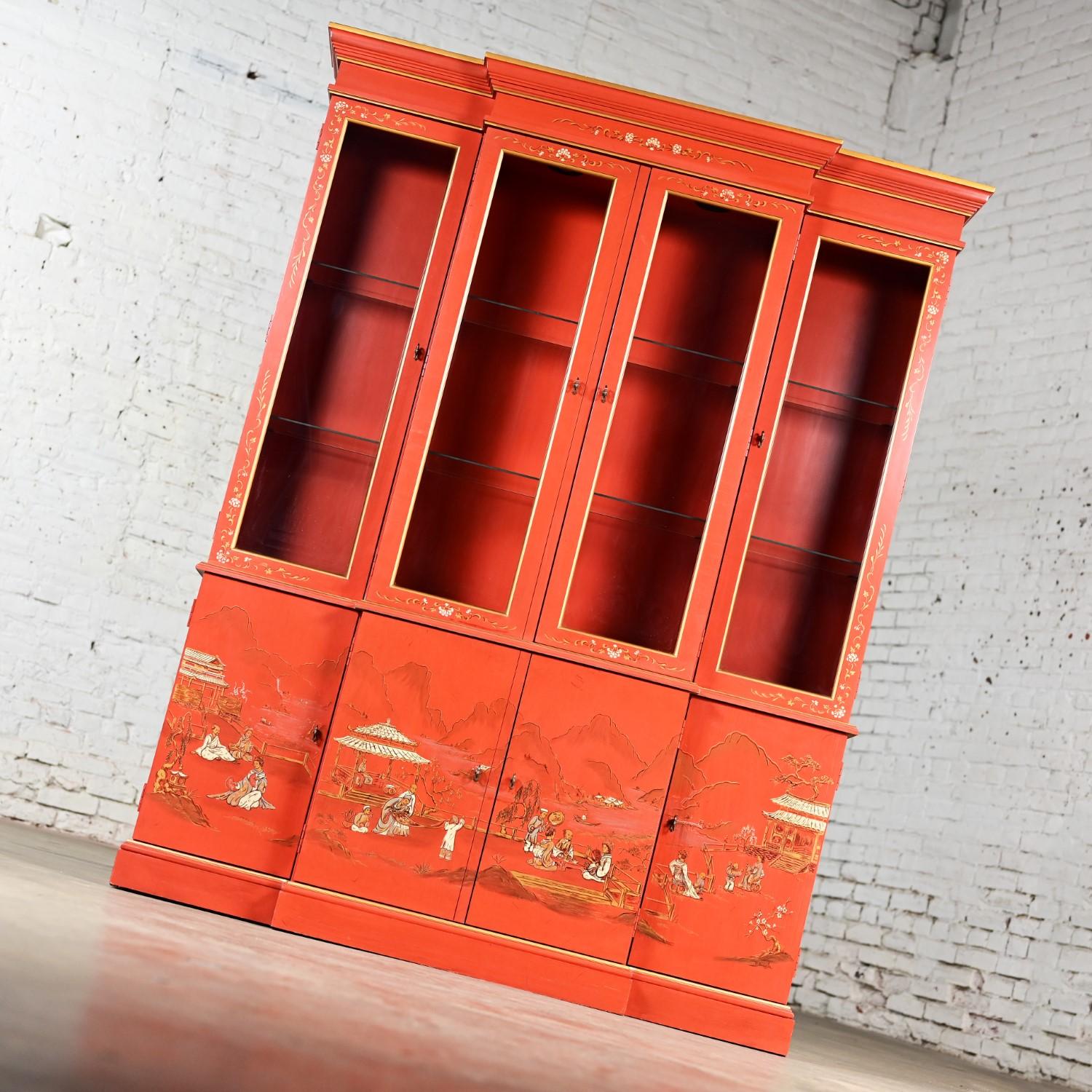 Chinoiserie Chinese Red Breakfront Lighted Hutch Bookcase or Display Cabinet In Good Condition In Topeka, KS