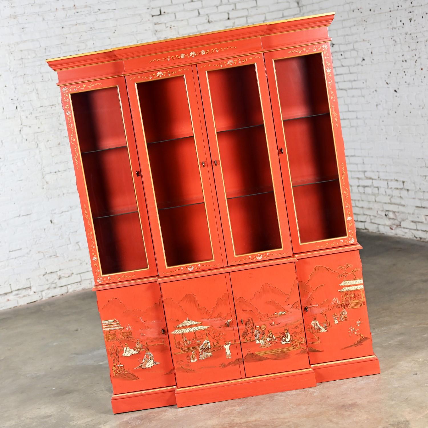 Late 20th Century Chinoiserie Chinese Red Breakfront Lighted Hutch Bookcase or Display Cabinet