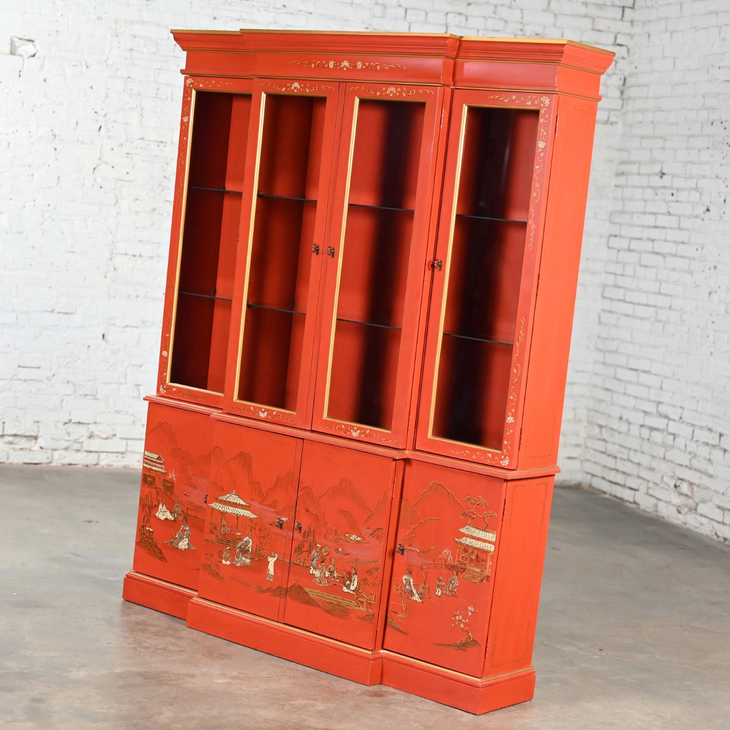 Glass Chinoiserie Chinese Red Breakfront Lighted Hutch Bookcase or Display Cabinet