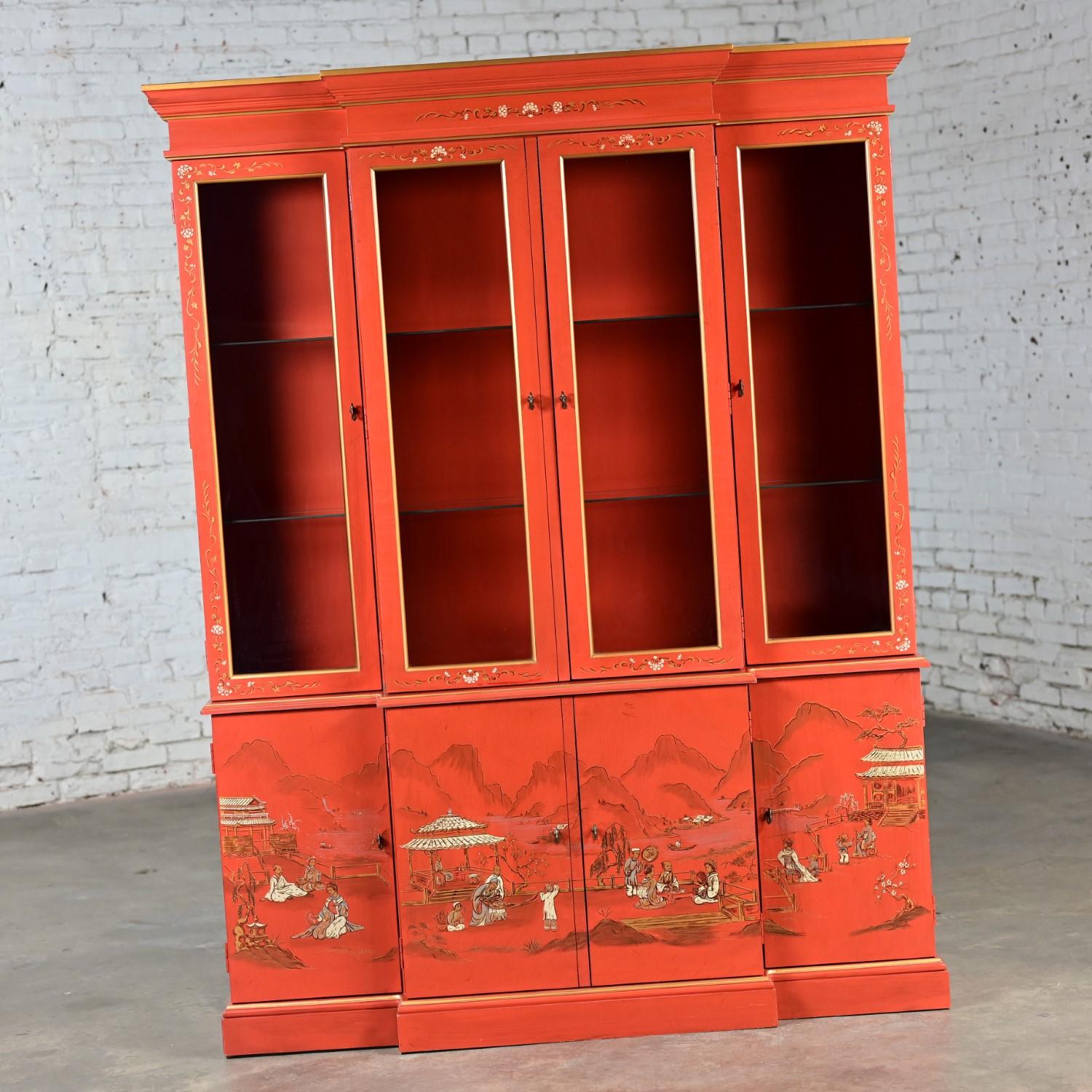Chinoiserie Chinese Red Breakfront Lighted Hutch Bookcase or Display Cabinet 1