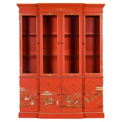 Chinoiserie Chinese Red Breakfront Lighted Hutch Bookcase or Display Cabinet