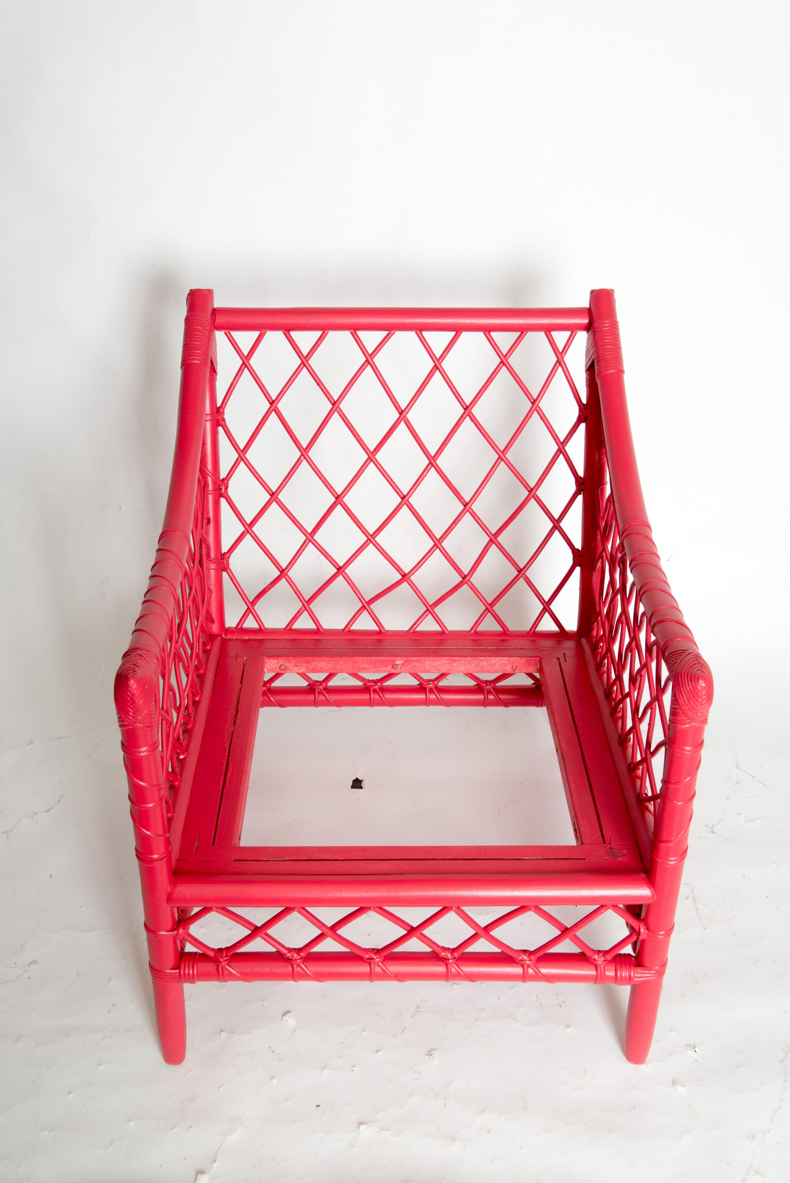 American Chinoiserie Chinese Red Woven Rattan Arm Chair For Sale