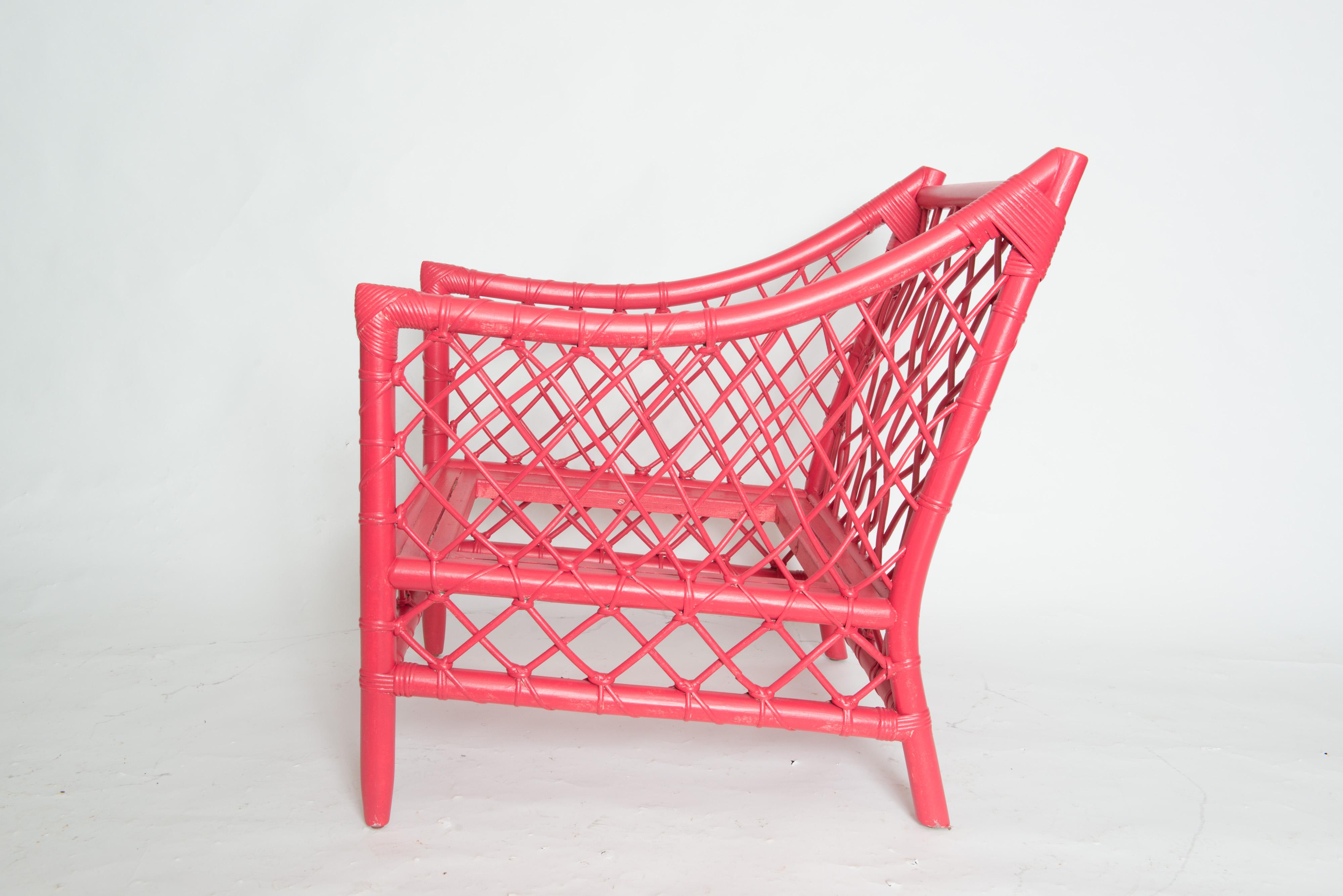 Reed Chinoiserie Chinese Red Woven Rattan Arm Chair For Sale