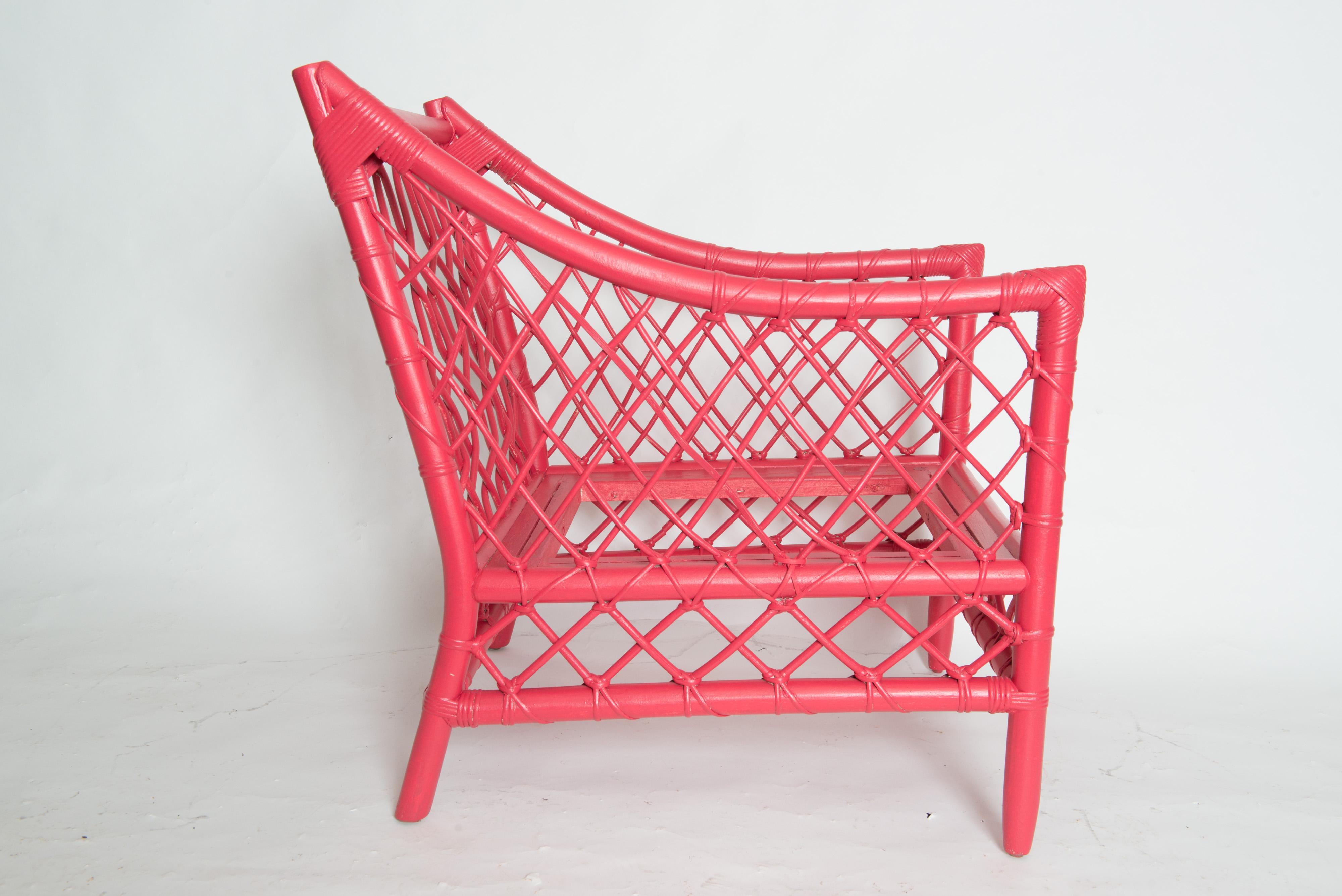 Chinoiserie Chinese Red Woven Rattan Arm Chair For Sale 2