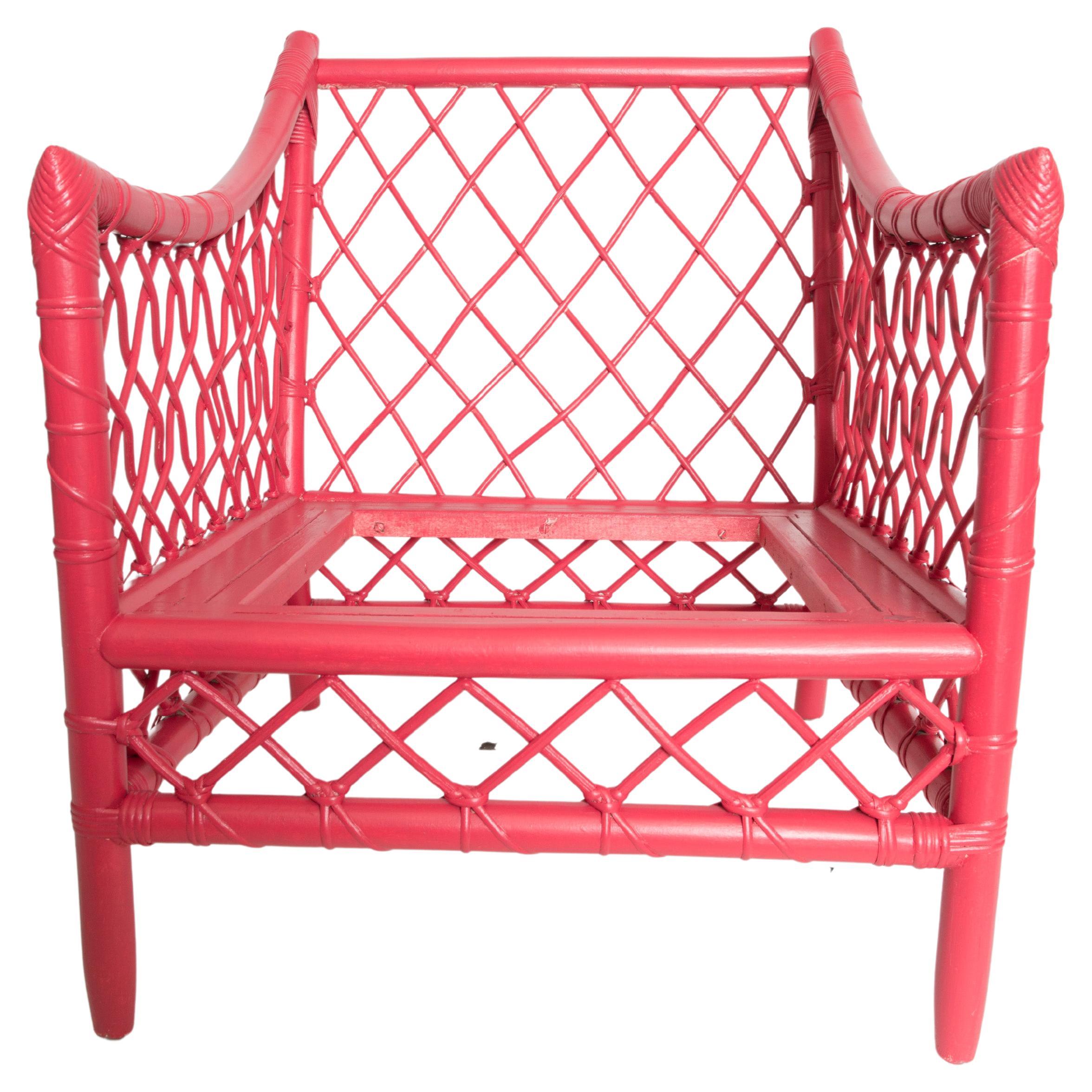 Chinoiserie Chinese Red Woven Rattan Arm Chair
