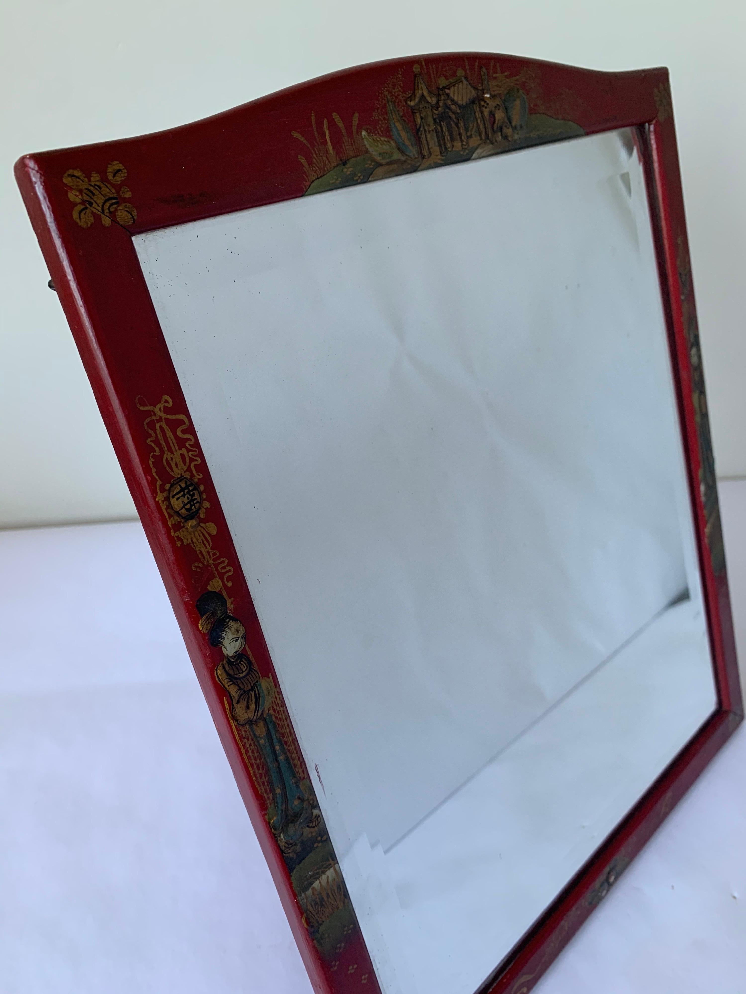 Chinoiserie Cinnabar Red Hand Painted Vanity Mirror For Sale 3