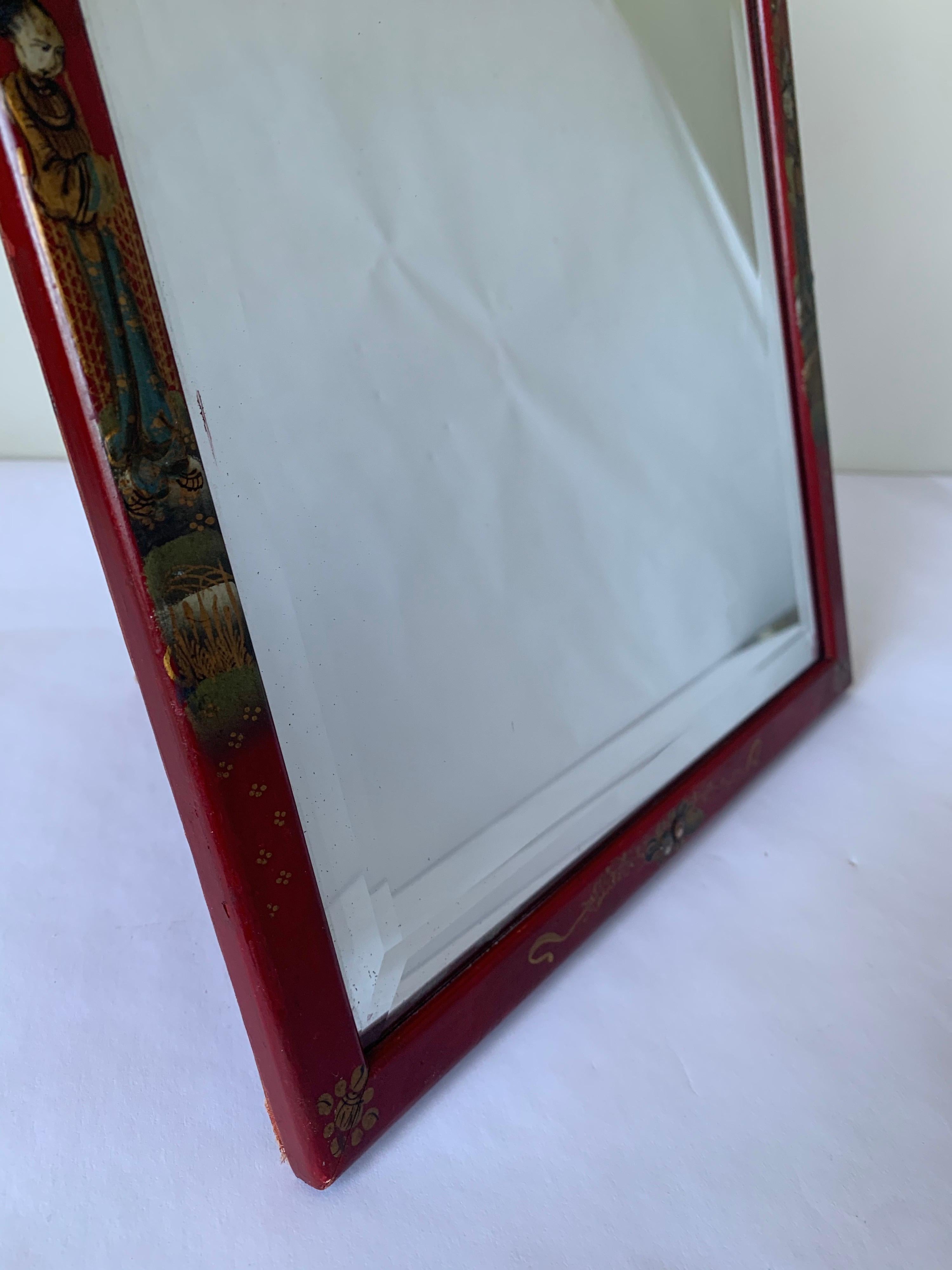 Chinoiserie Cinnabar Red Hand Painted Vanity Mirror For Sale 4