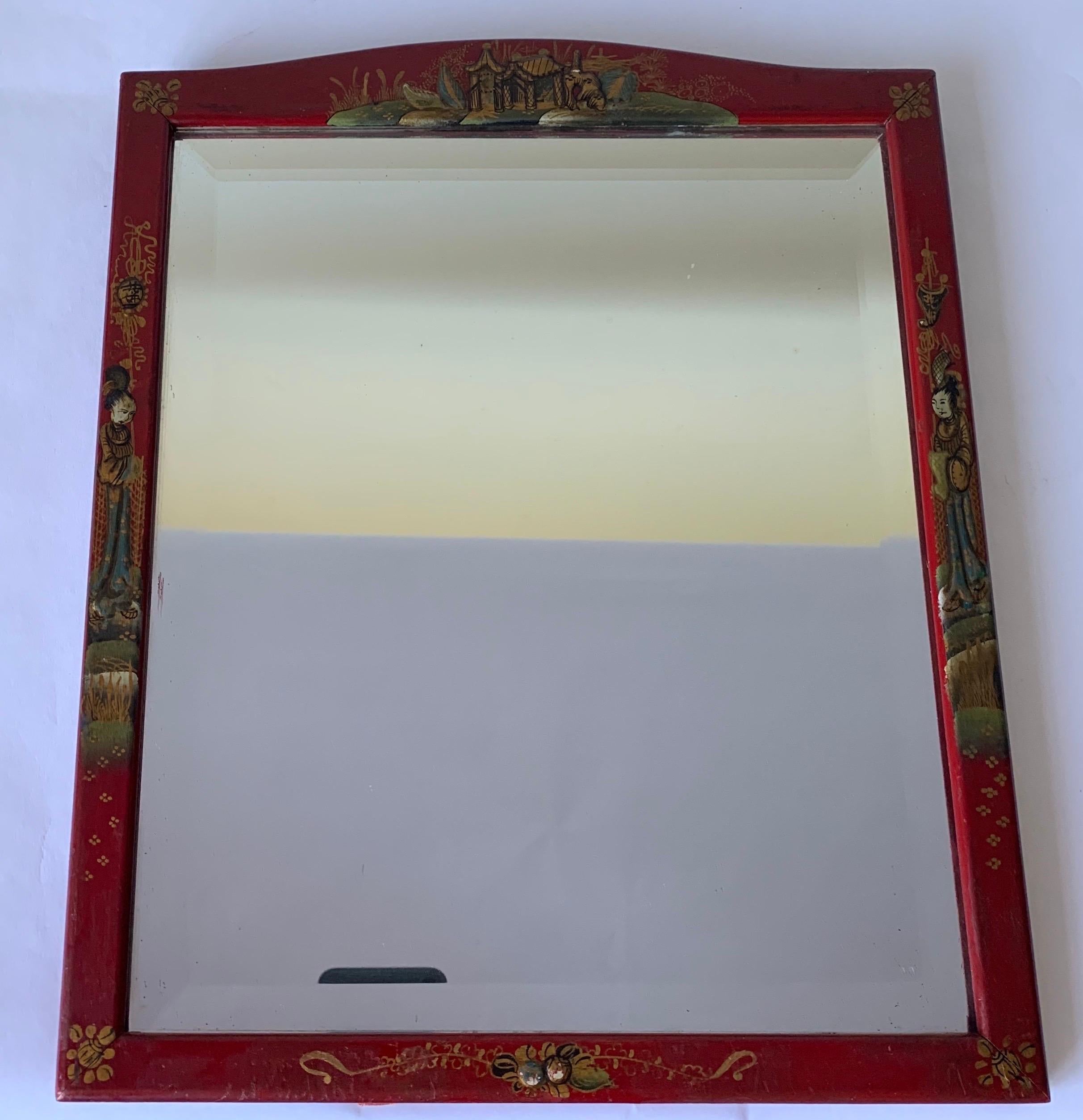 Chinoiserie Cinnabar Red Hand Painted Vanity Mirror For Sale 8