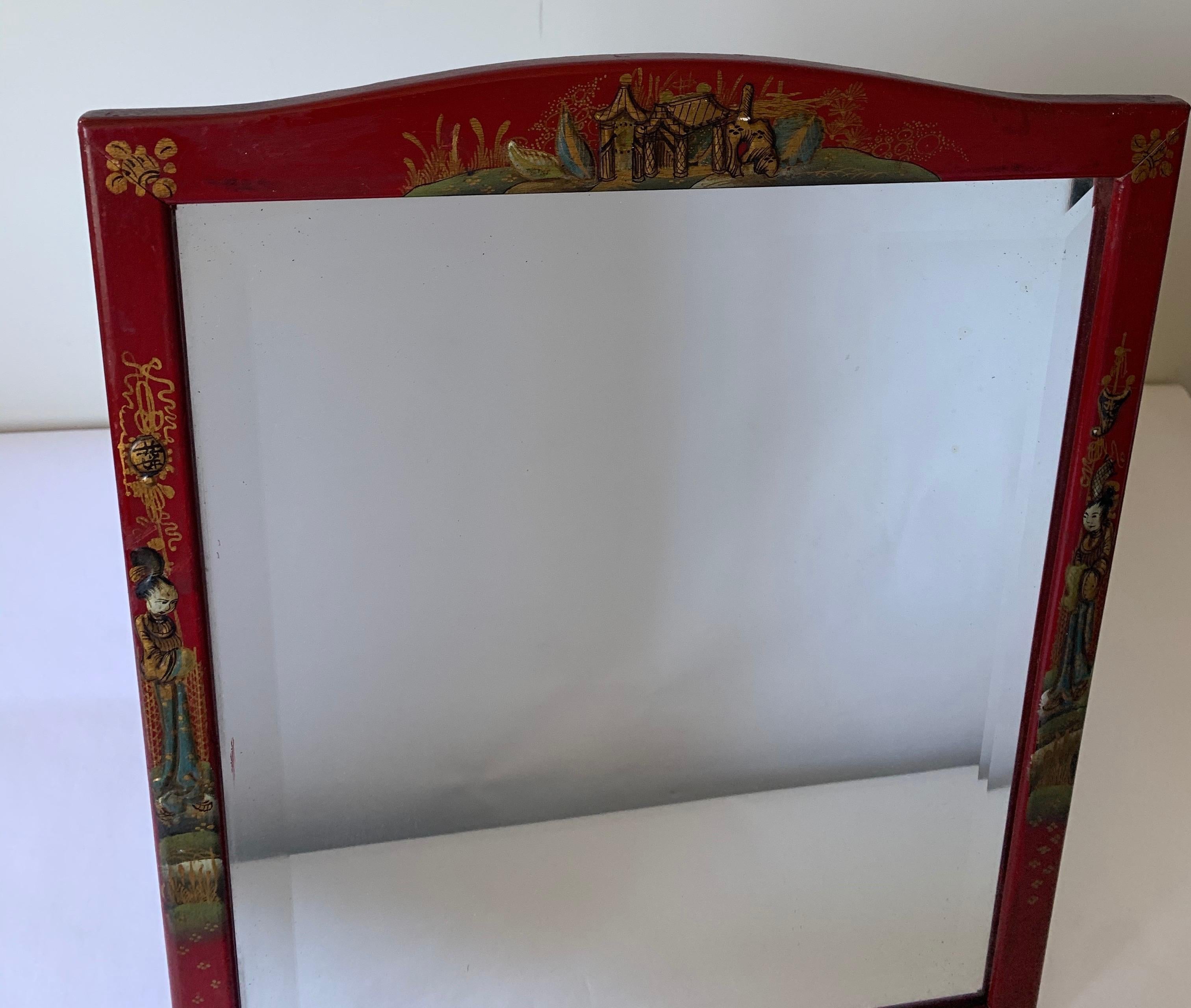 English Chinoiserie Cinnabar Red Hand Painted Vanity Mirror For Sale