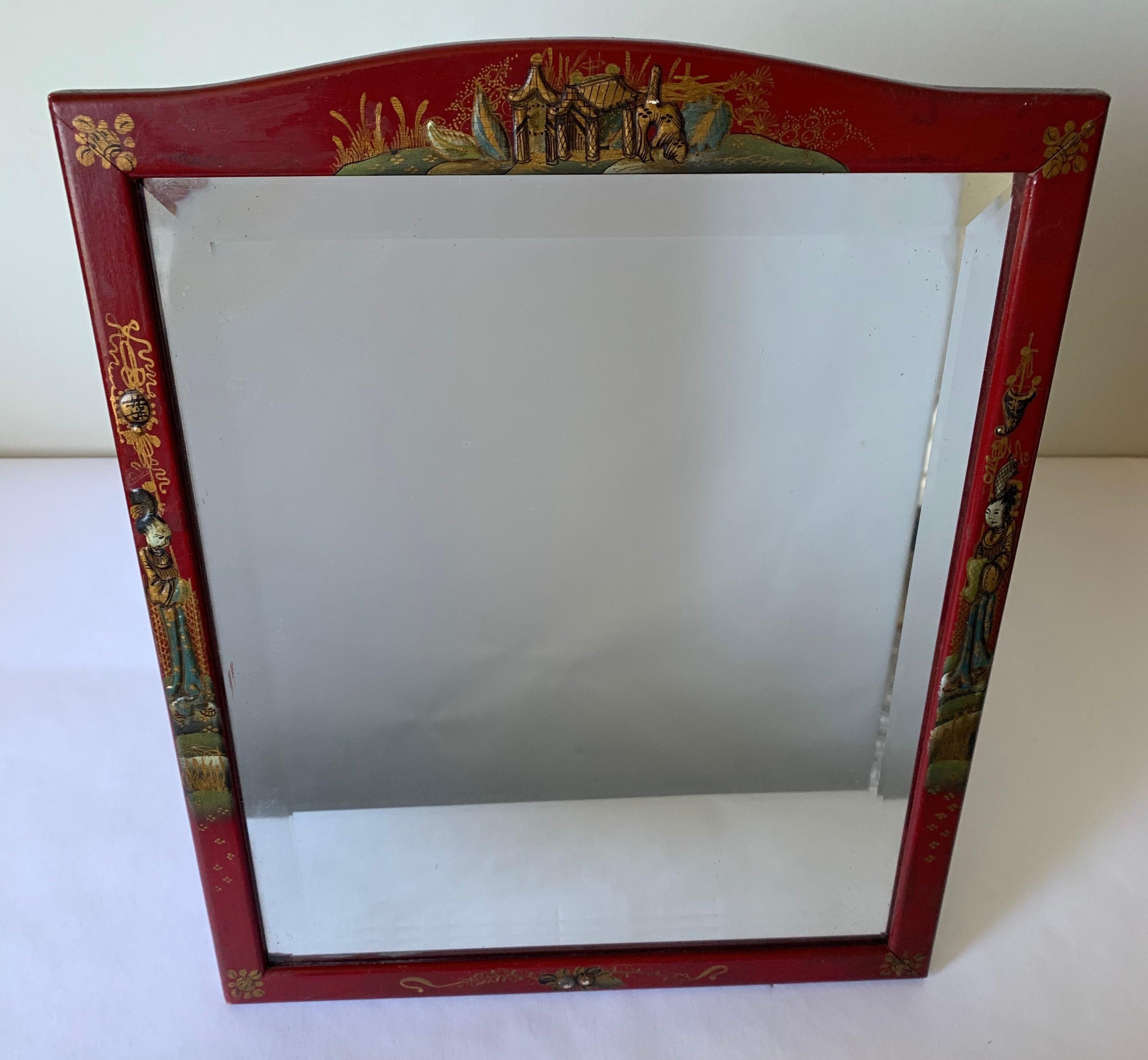 Chinoiserie Cinnabar Red Hand Painted Vanity Mirror In Good Condition For Sale In Stamford, CT