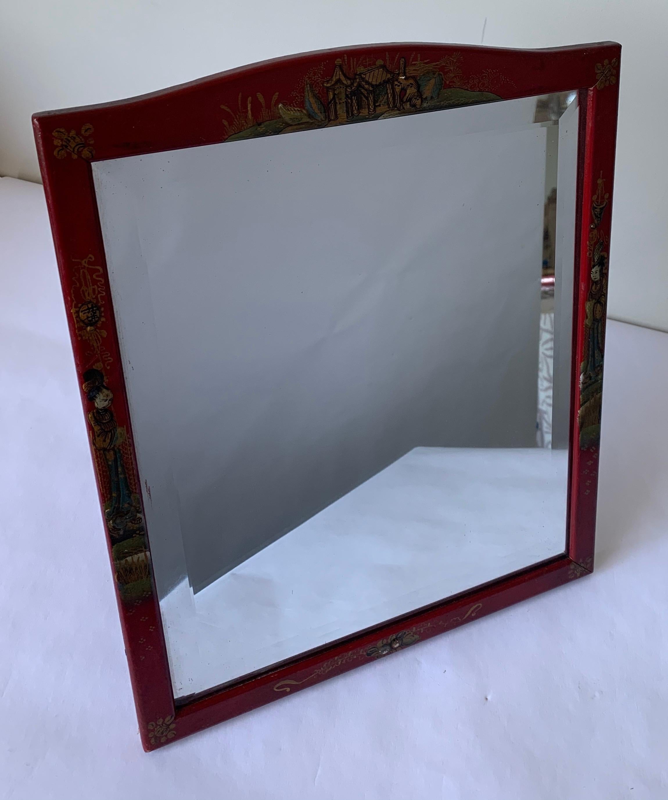 Mid-20th Century Chinoiserie Cinnabar Red Hand Painted Vanity Mirror For Sale