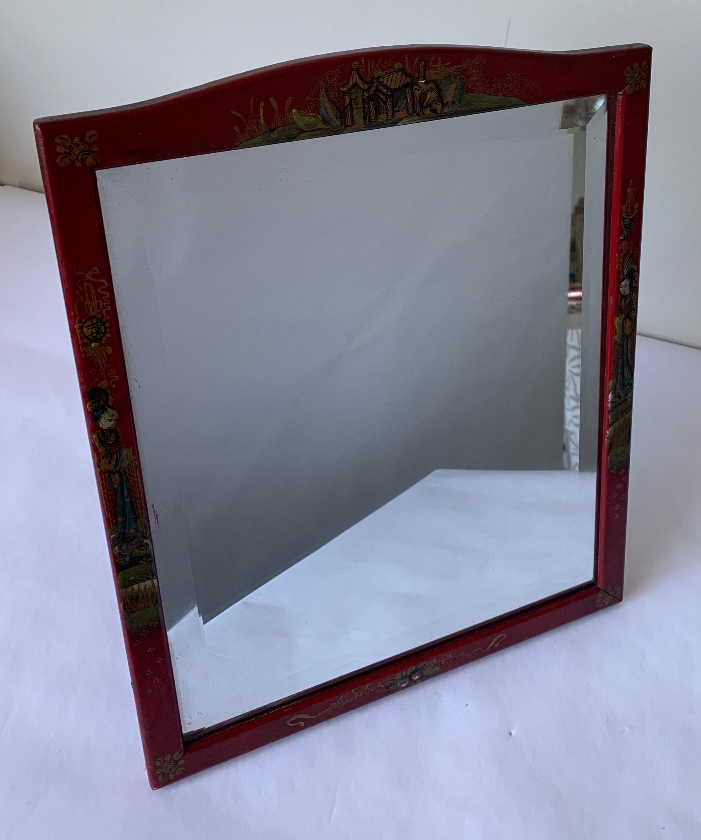 Handbemalter Waschtisch-Spiegel in Cinnabar-Rot, Chinoiserie im Angebot 1