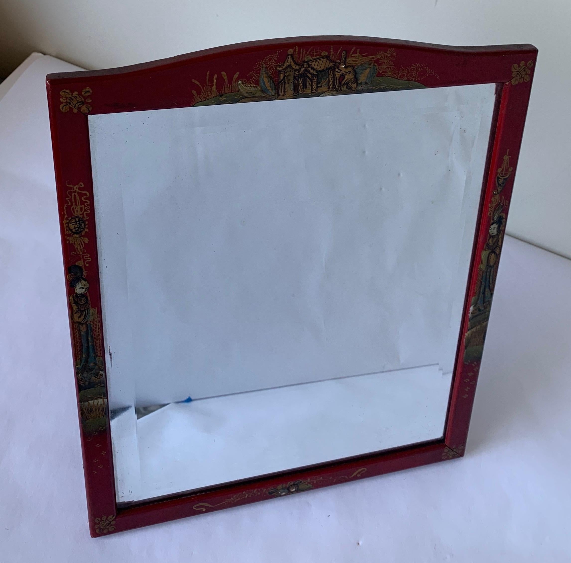Chinoiserie Cinnabar Red Hand Painted Vanity Mirror For Sale 1