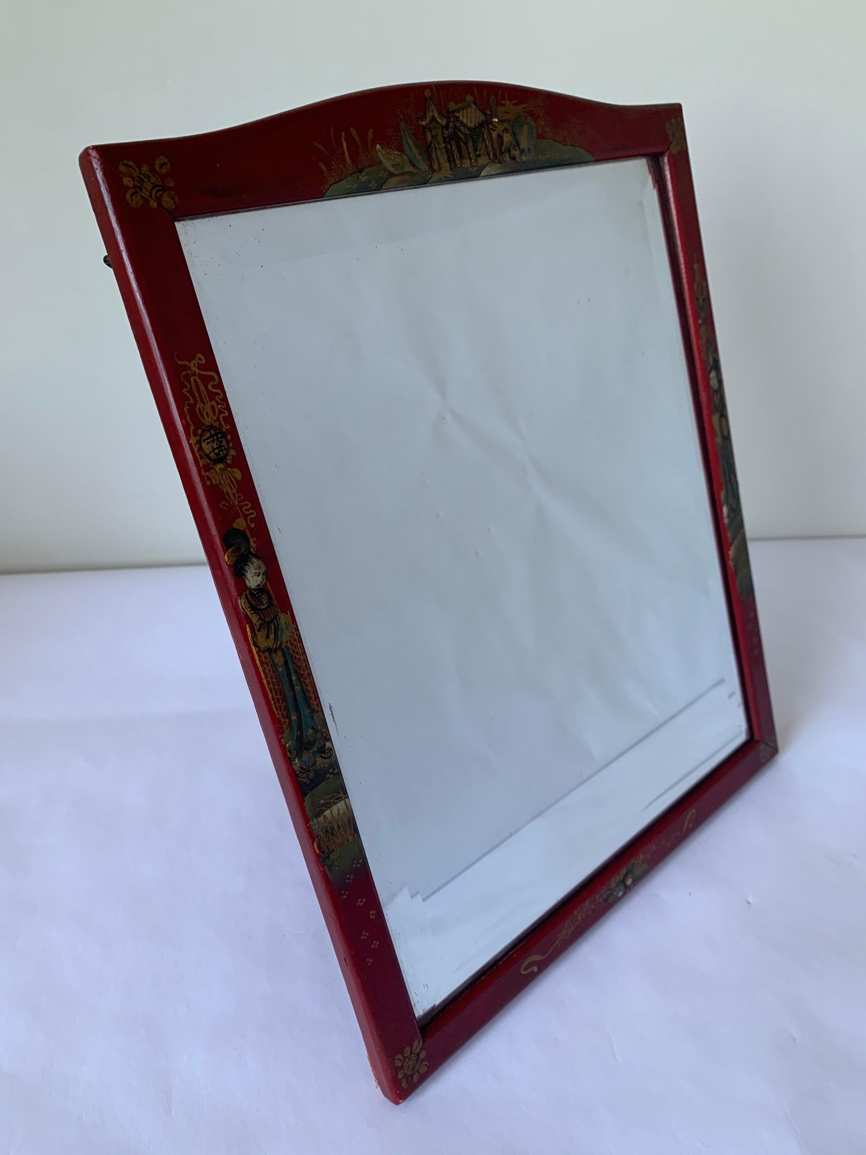 Chinoiserie Cinnabar Red Hand Painted Vanity Mirror For Sale 2