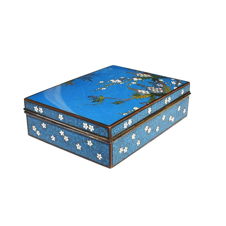Chinoiserie Cloisonné Enamel Box with Lid in Turquoise with Botanical