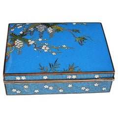 Chinoiserie Cloisonné Enamel Box with Lid in Turquoise with Botanical Motif