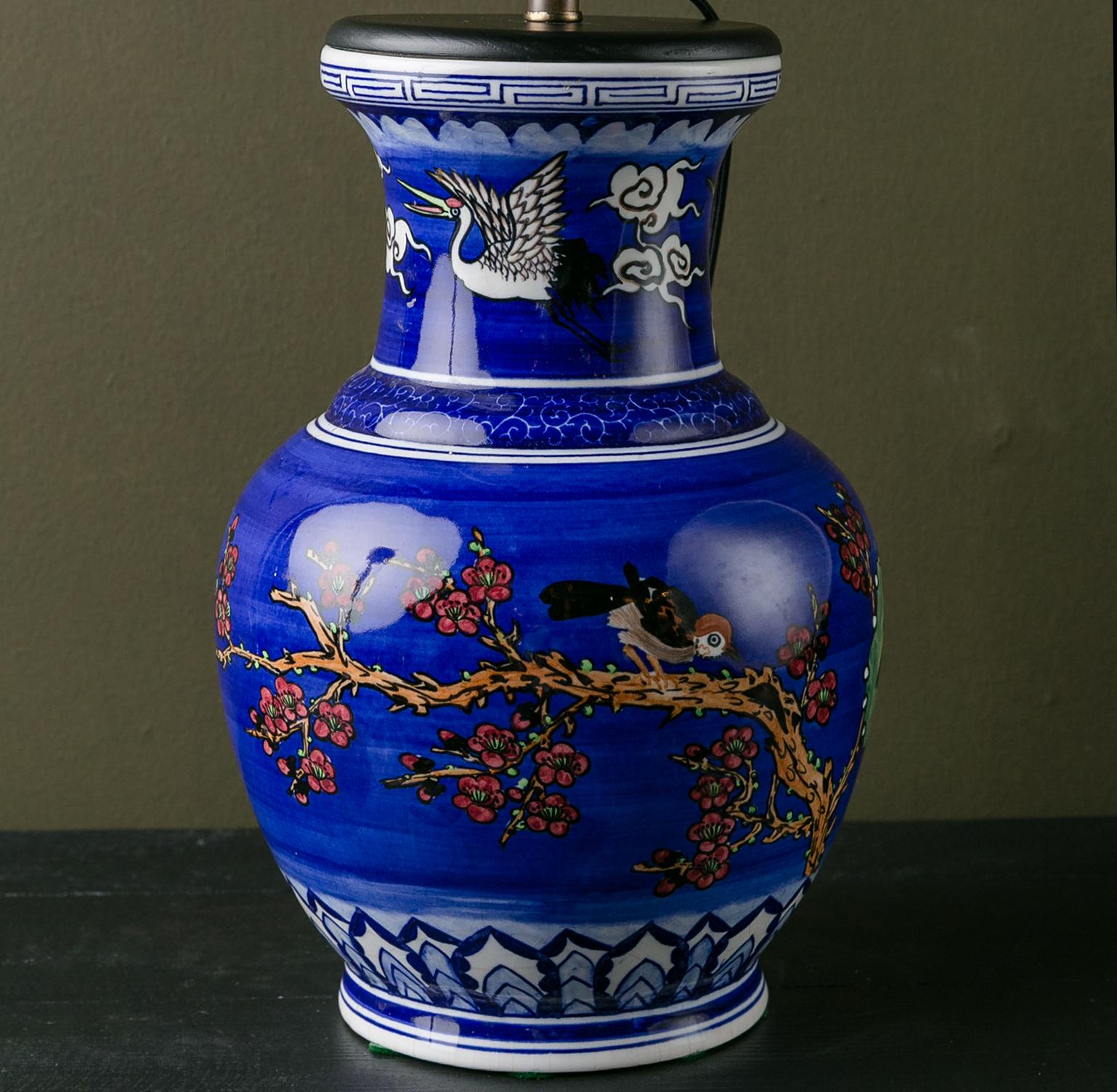 Mid-20th Century Chinoiserie Cobalt Hand-Painted Vintage Table Lamp  For Sale