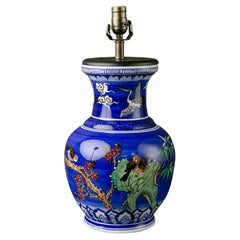 Lampe de bureau chinoiseries peinte à la main, couleur cobalt, vintage 