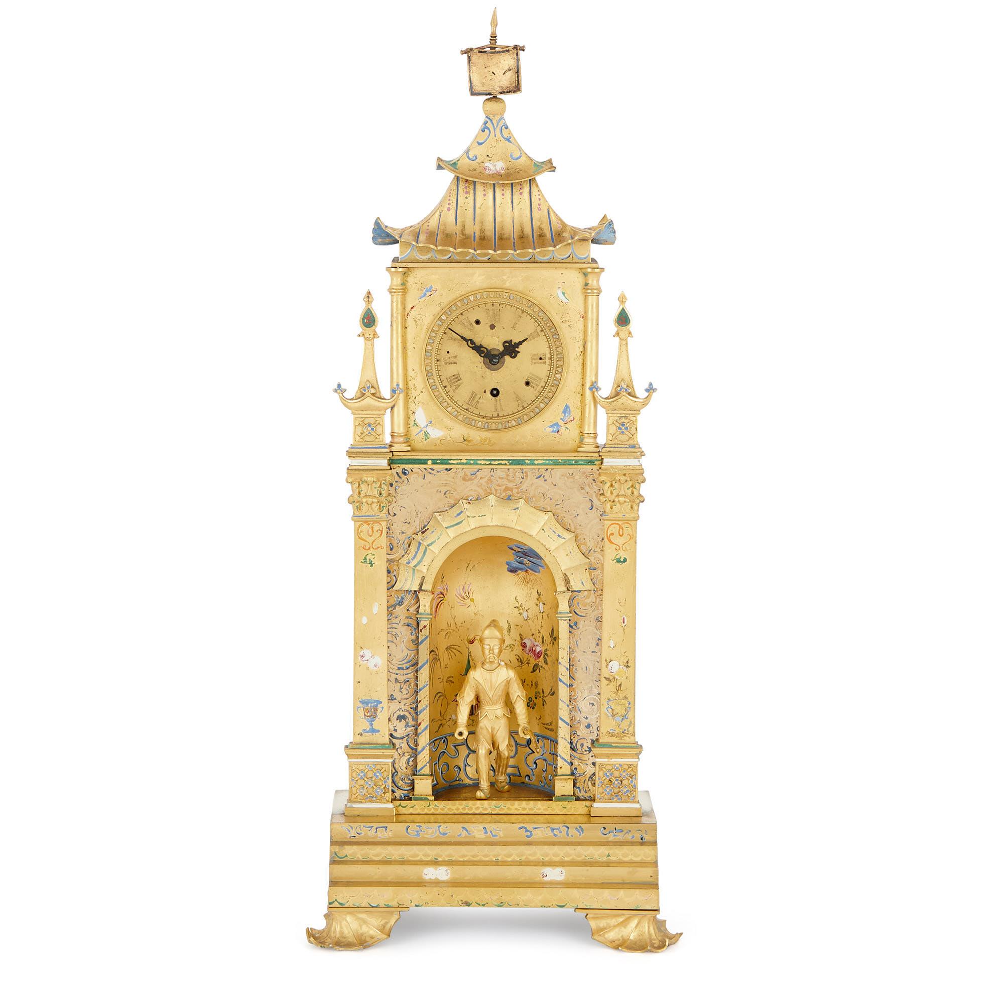 This clock set is designed in a wonderful ‘chinoiserie’ style. This style was inspired by the art of China, and it was very fashionable in Europe in the 18th and 19th centuries. The clock set is comprised of a mantel clock and a pair of candelabra.