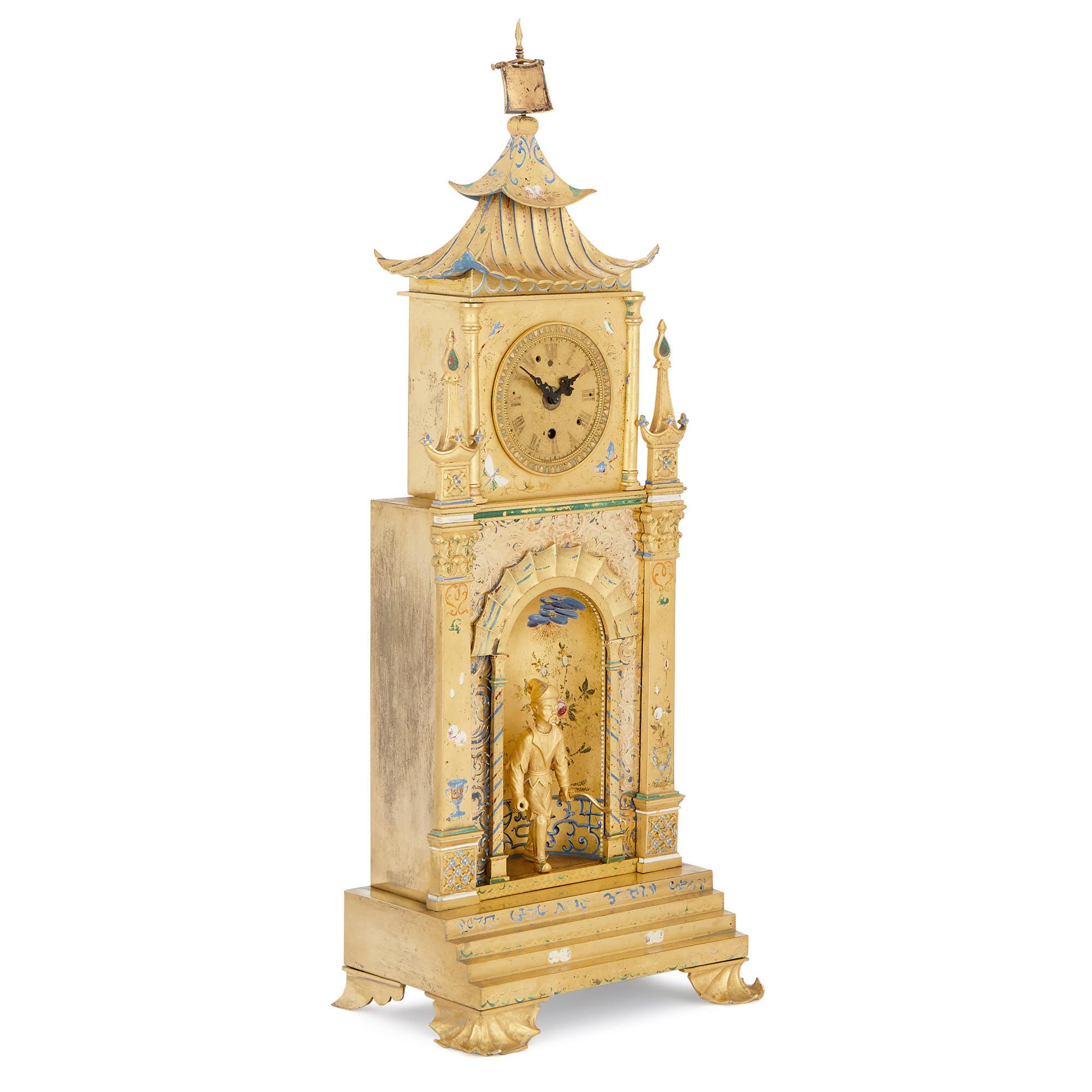 French Chinoiserie Cold Painted and Gilt Bronze Clock and Candelabra For Sale