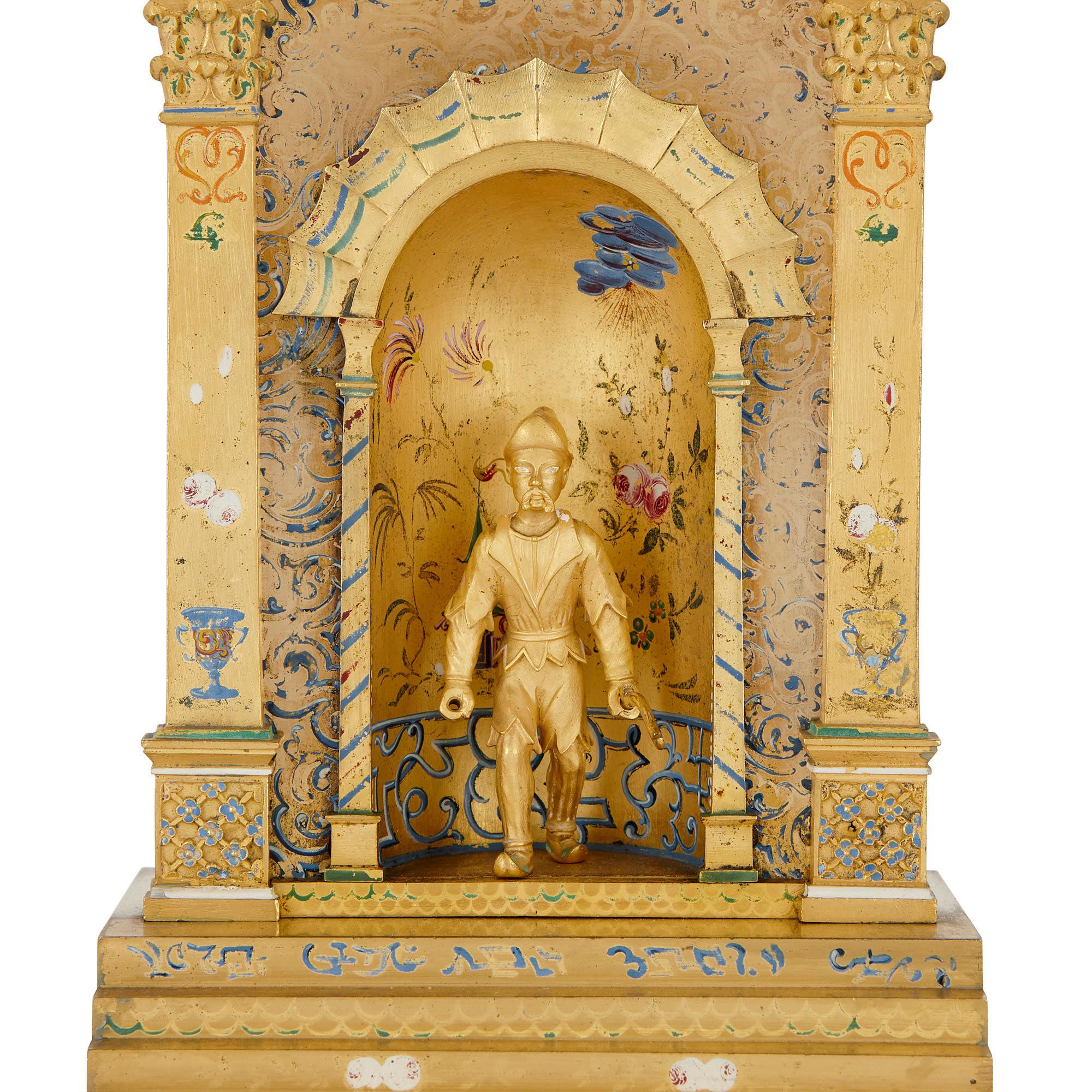 19th Century Chinoiserie Cold Painted and Gilt Bronze Clock and Candelabra For Sale