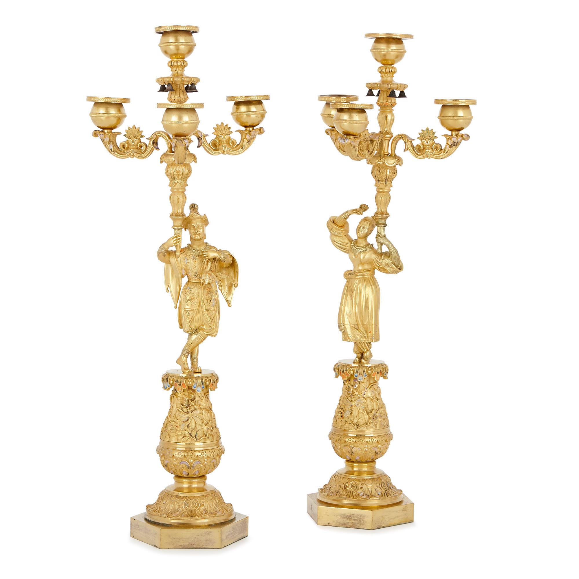 Ormolu Chinoiserie Cold Painted and Gilt Bronze Clock and Candelabra For Sale