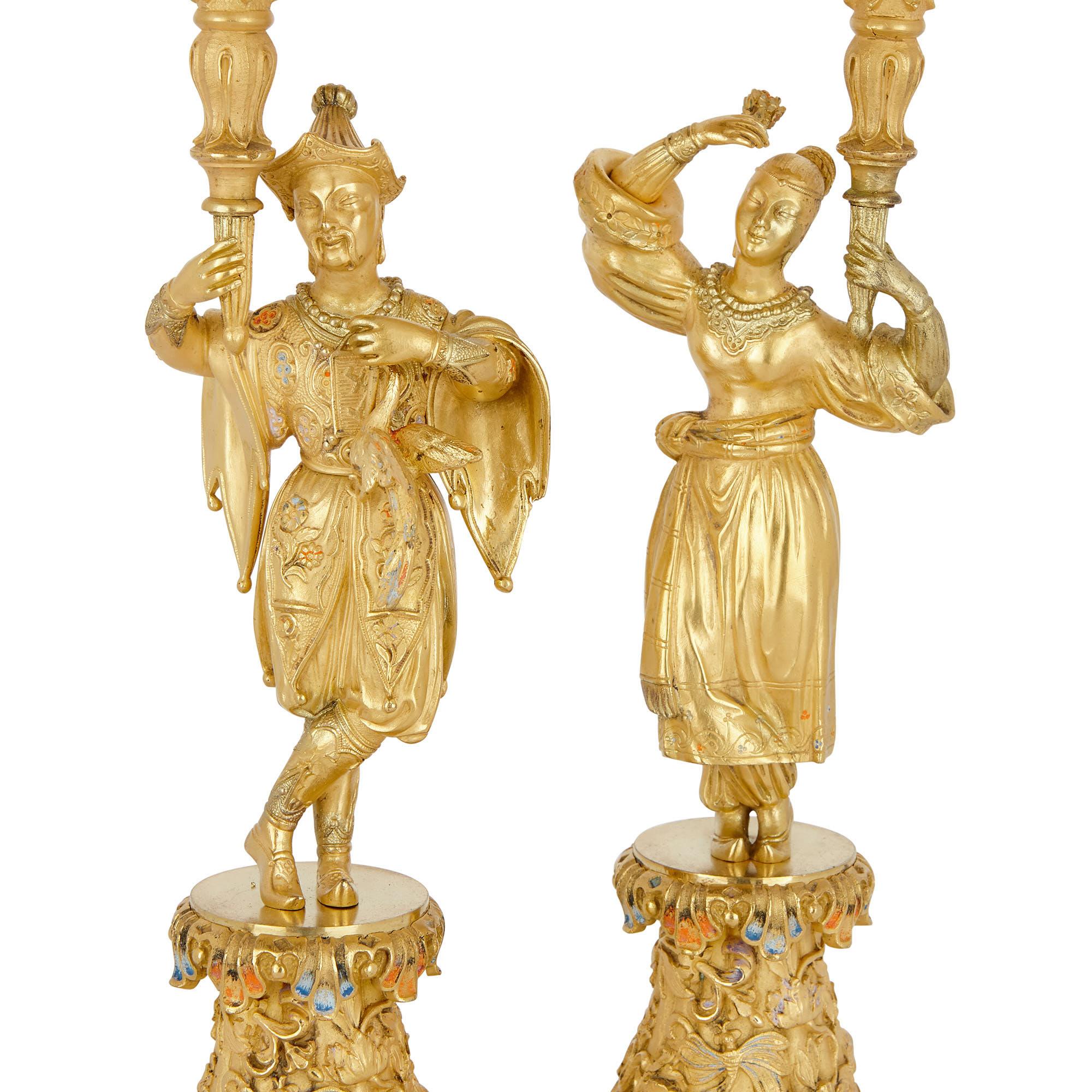 Chinoiserie Cold Painted and Gilt Bronze Clock and Candelabra For Sale 1