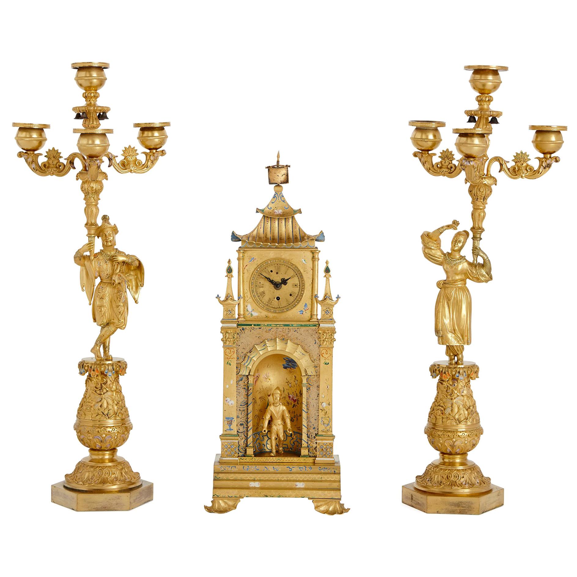 Chinoiserie Cold Painted and Gilt Bronze Clock and Candelabra For Sale