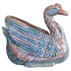 Chinoiserie Colorful Large Ceramic Hand-Painted Swan or Goose Bird Statue