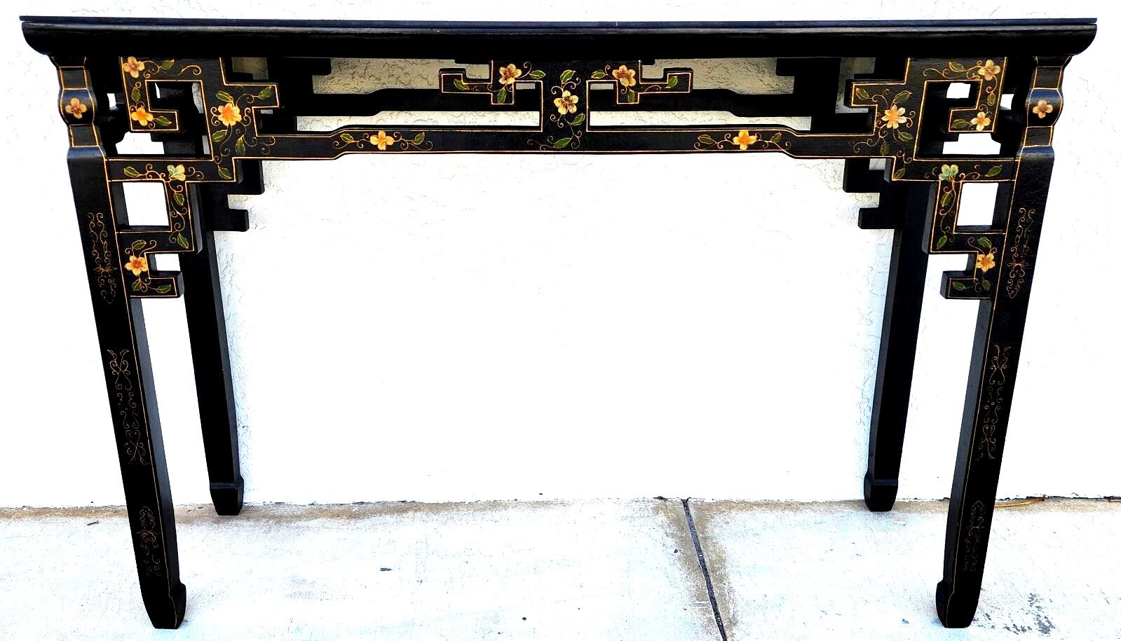 For FULL item description click on CONTINUE READING at the bottom of this page.

Offering One Of Our Recent Palm Beach Estate Fine Furniture Acquisitions Of A
Chinoiserie Sofa Altar Console Table with Hand-Painted flowers, subtle crackle finish, and