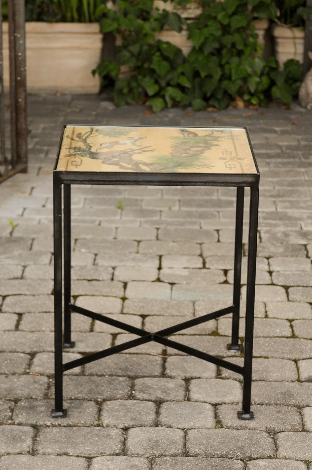Chinoiserie Contemporary Side Table with Dog and Rabbit Motifs and Iron Base 5