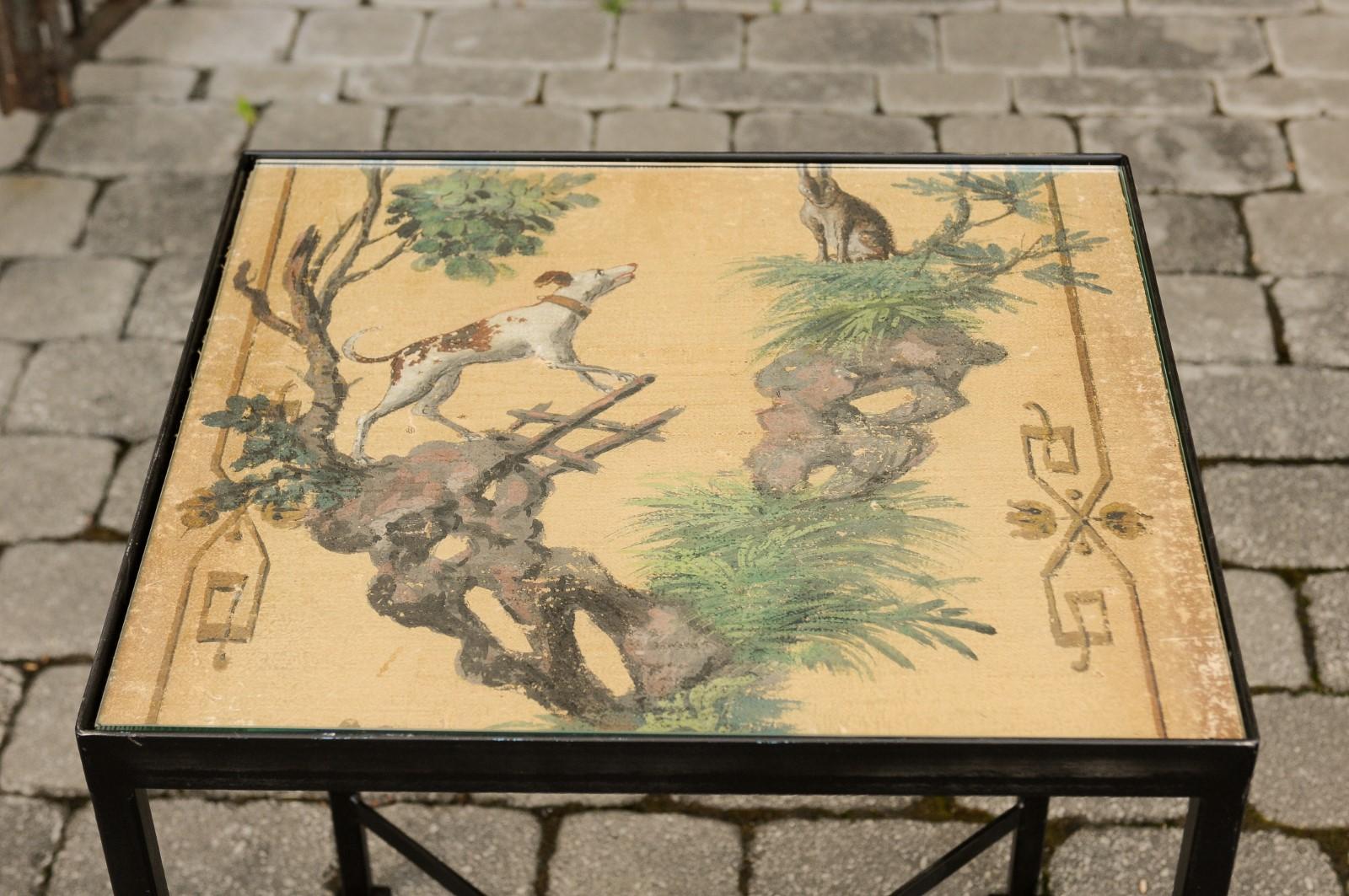 Chinoiserie Contemporary Side Table with Dog and Rabbit Motifs and Iron Base 6
