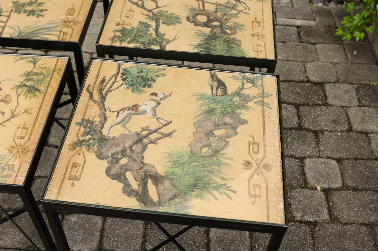 Chinoiserie Contemporary Side Table with Dog and Rabbit Motifs and Iron Base In Good Condition In Atlanta, GA