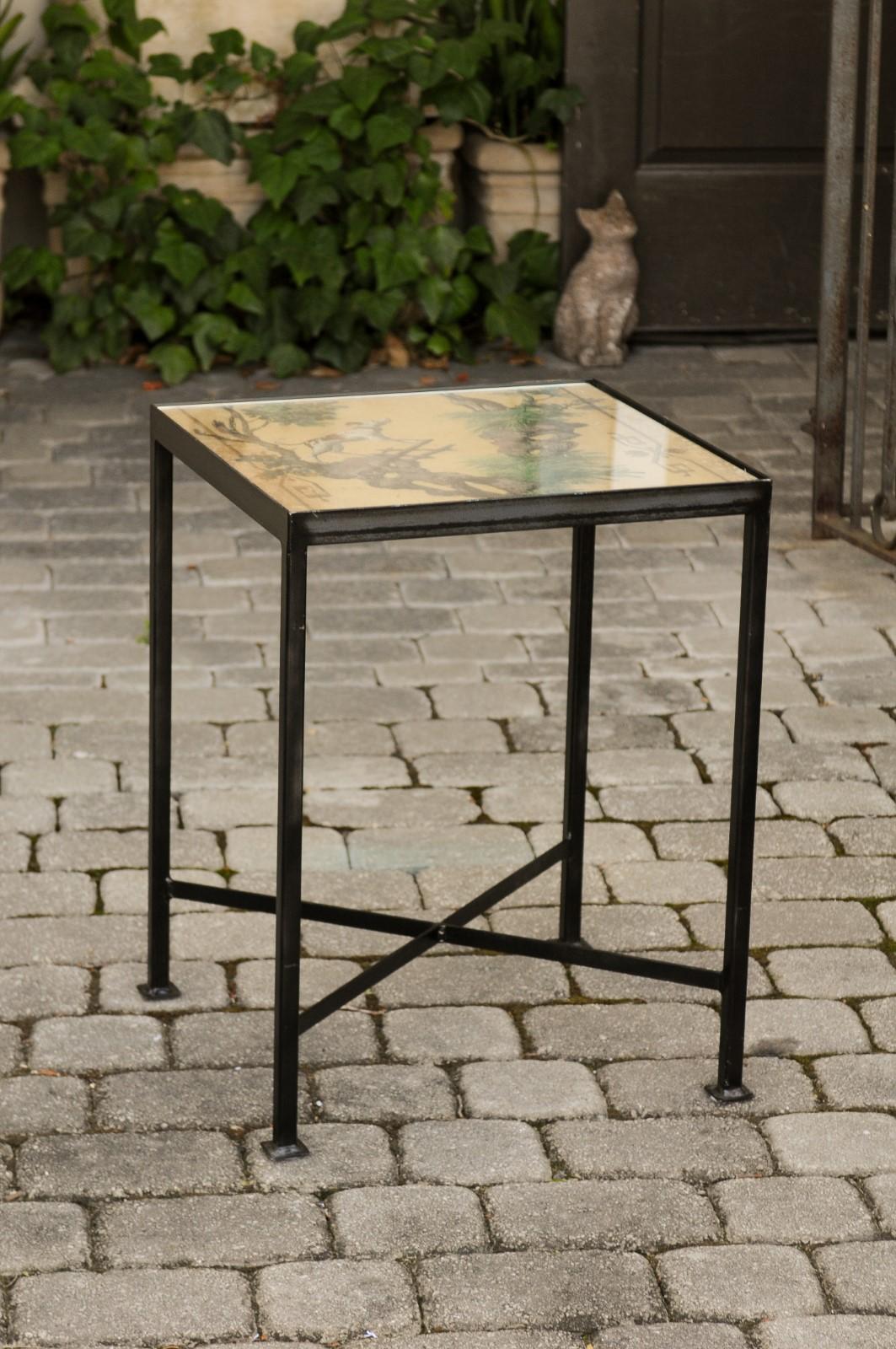 Glass Chinoiserie Contemporary Side Table with Dog and Rabbit Motifs and Iron Base