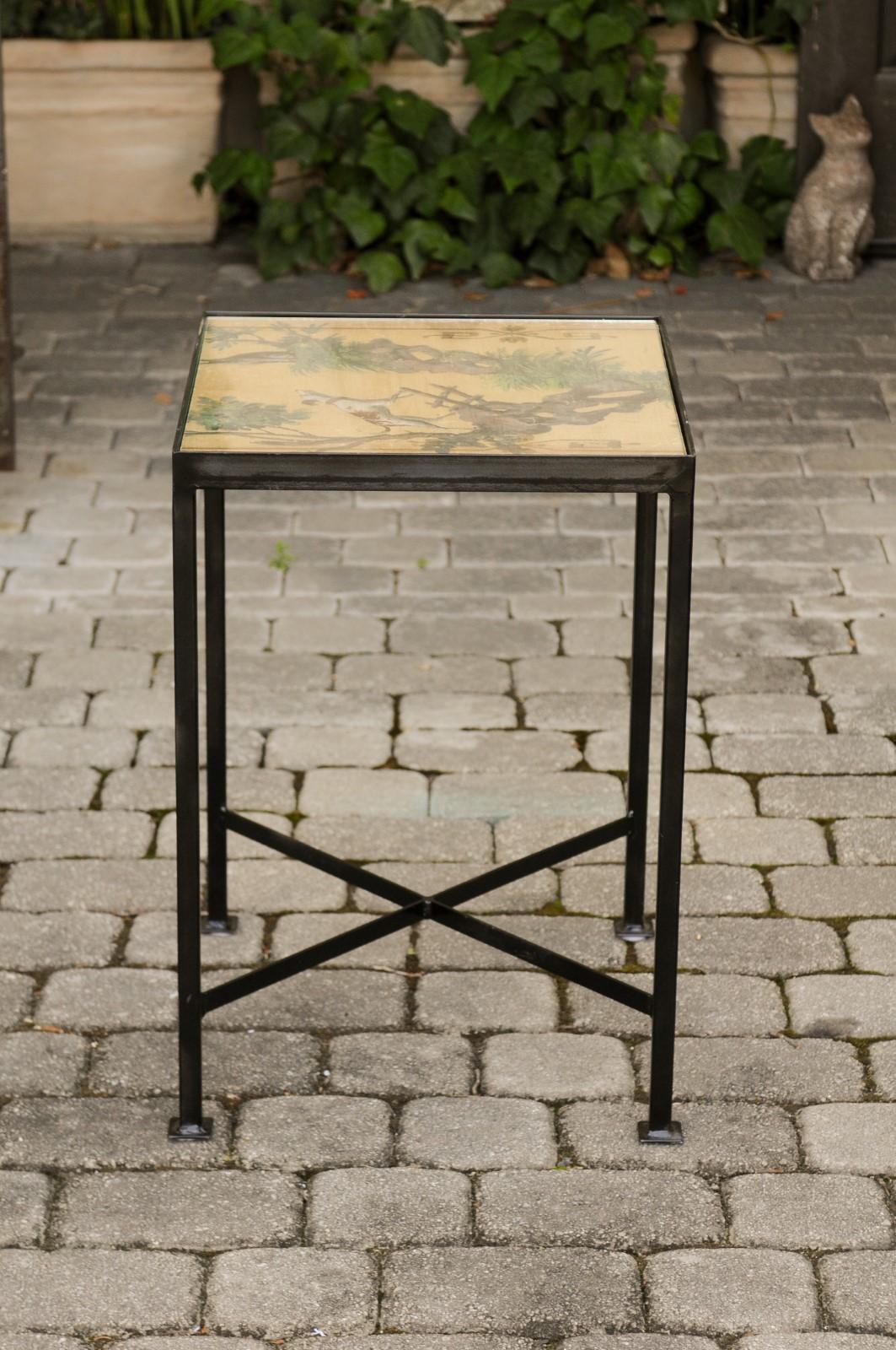 Chinoiserie Contemporary Side Table with Dog and Rabbit Motifs and Iron Base 2