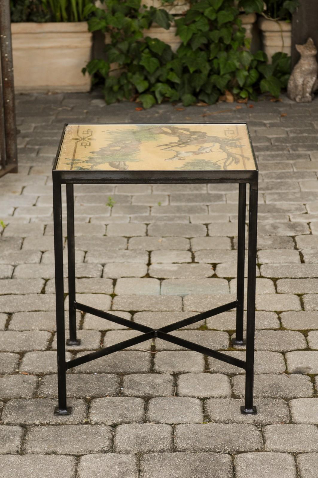 Chinoiserie Contemporary Side Table with Dog and Rabbit Motifs and Iron Base 3