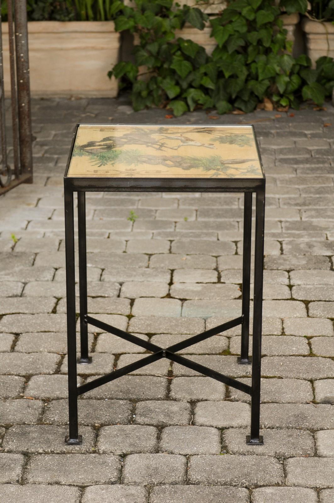 Chinoiserie Contemporary Side Table with Dog and Rabbit Motifs and Iron Base 4