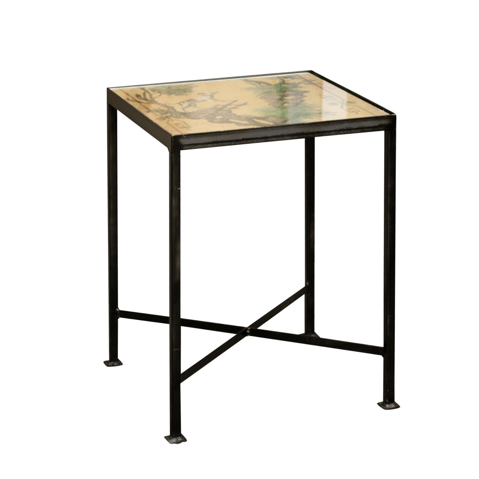 Chinoiserie Contemporary Side Table with Dog and Rabbit Motifs and Iron Base