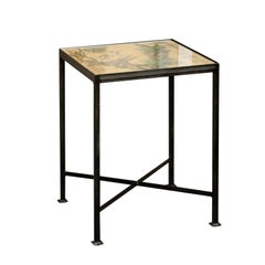 Chinoiserie Contemporary Side Table with Dog and Rabbit Motifs and Iron Base