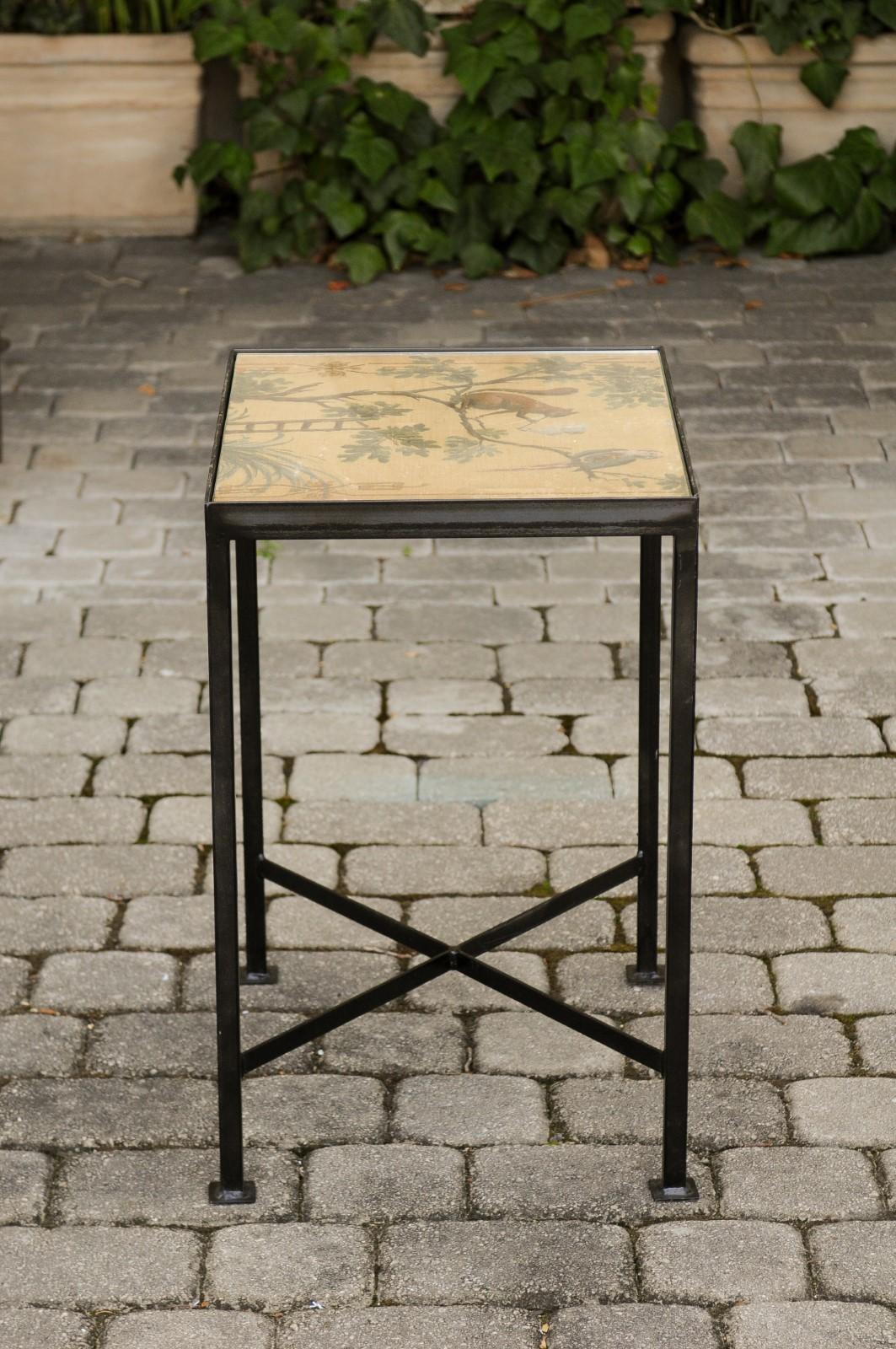Chinoiserie Contemporary Side Table with Squirrel and Bird Motifs on Iron Base 3