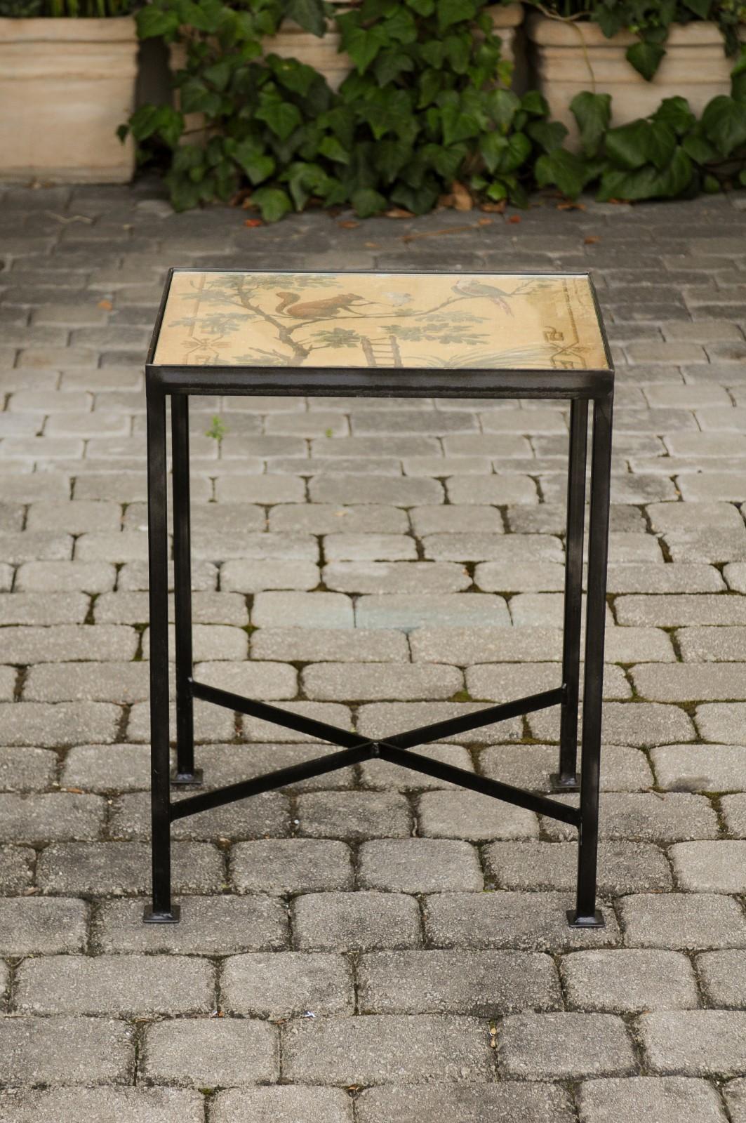 Chinoiserie Contemporary Side Table with Squirrel and Bird Motifs on Iron Base 4