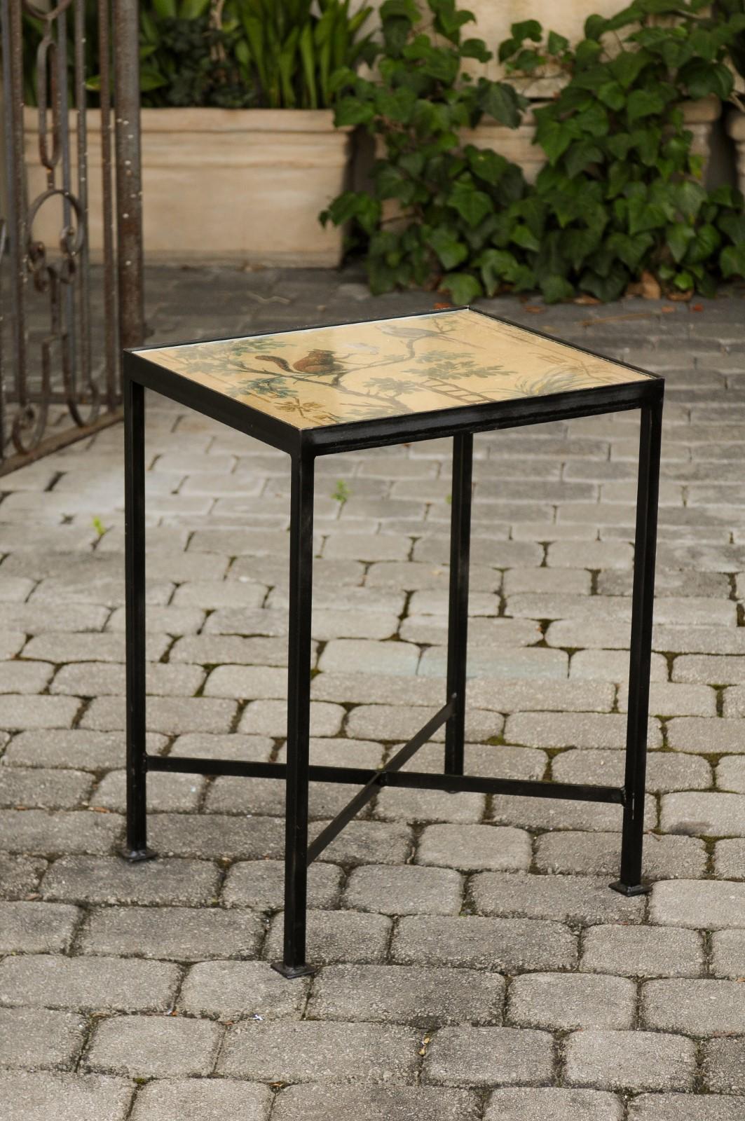 American Chinoiserie Contemporary Side Table with Squirrel and Bird Motifs on Iron Base