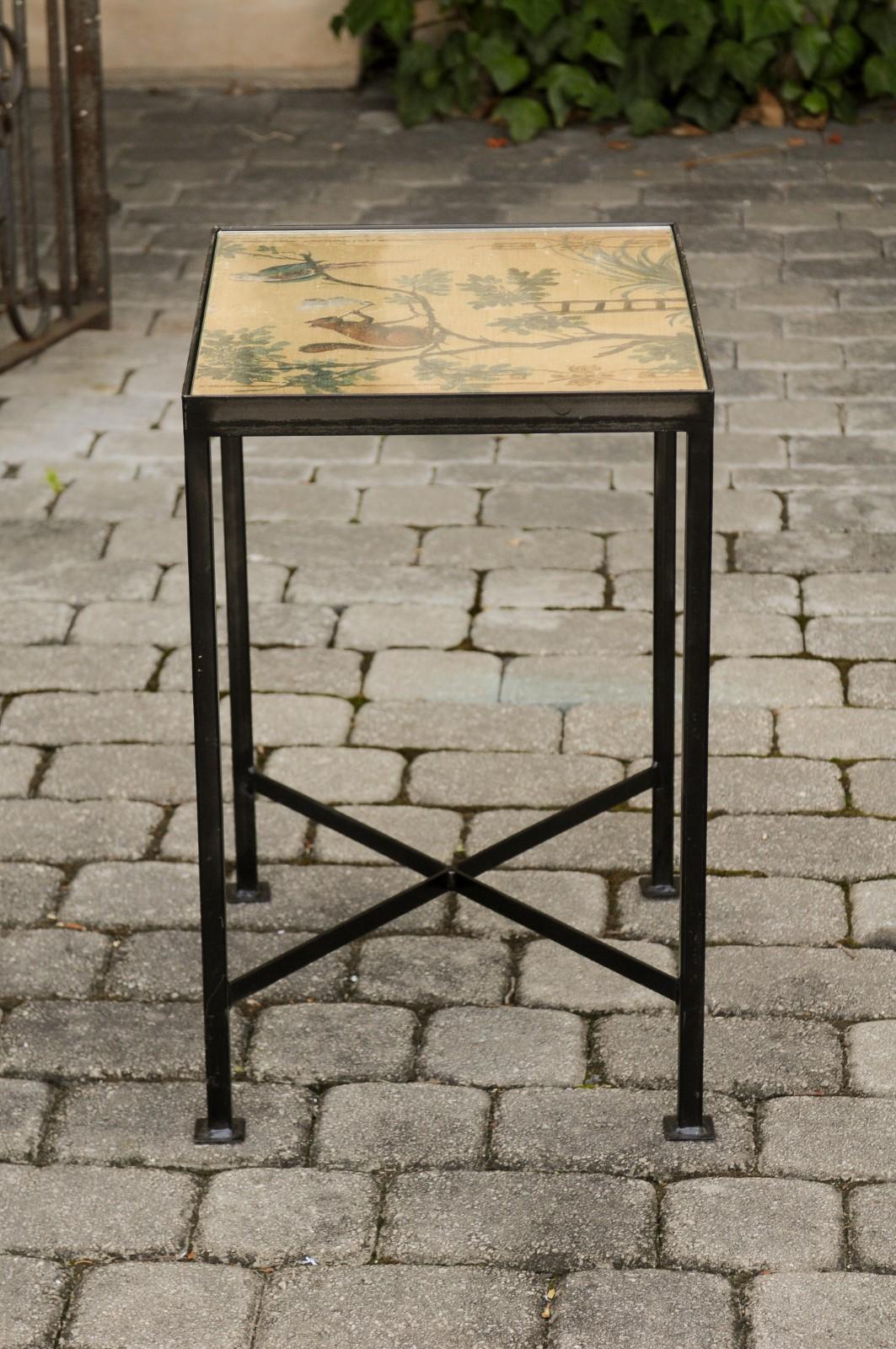 Glass Chinoiserie Contemporary Side Table with Squirrel and Bird Motifs on Iron Base