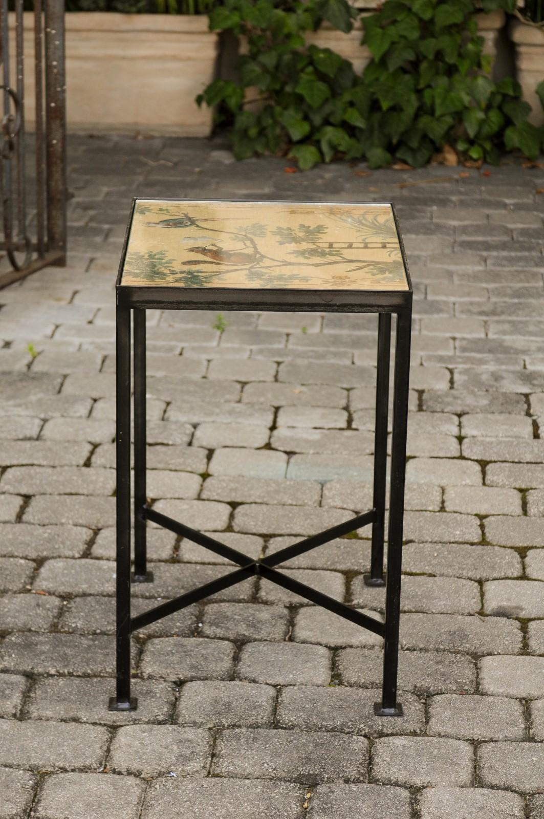 Chinoiserie Contemporary Side Table with Squirrel and Bird Motifs on Iron Base 1