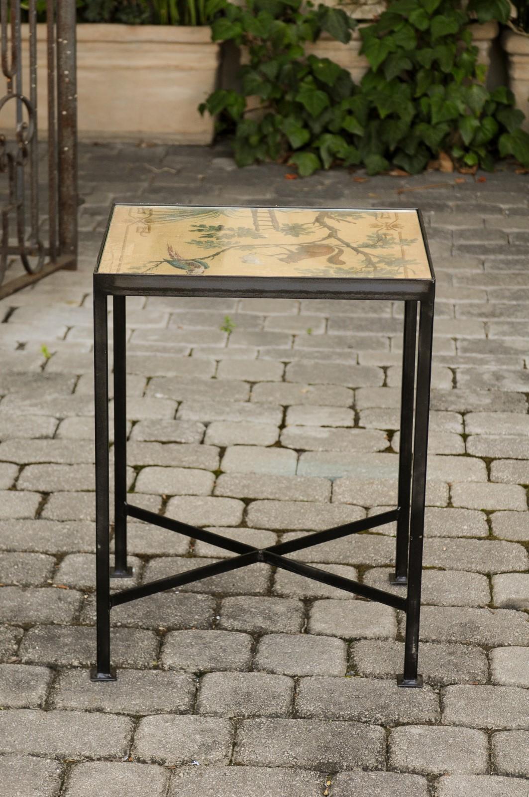 Chinoiserie Contemporary Side Table with Squirrel and Bird Motifs on Iron Base 2