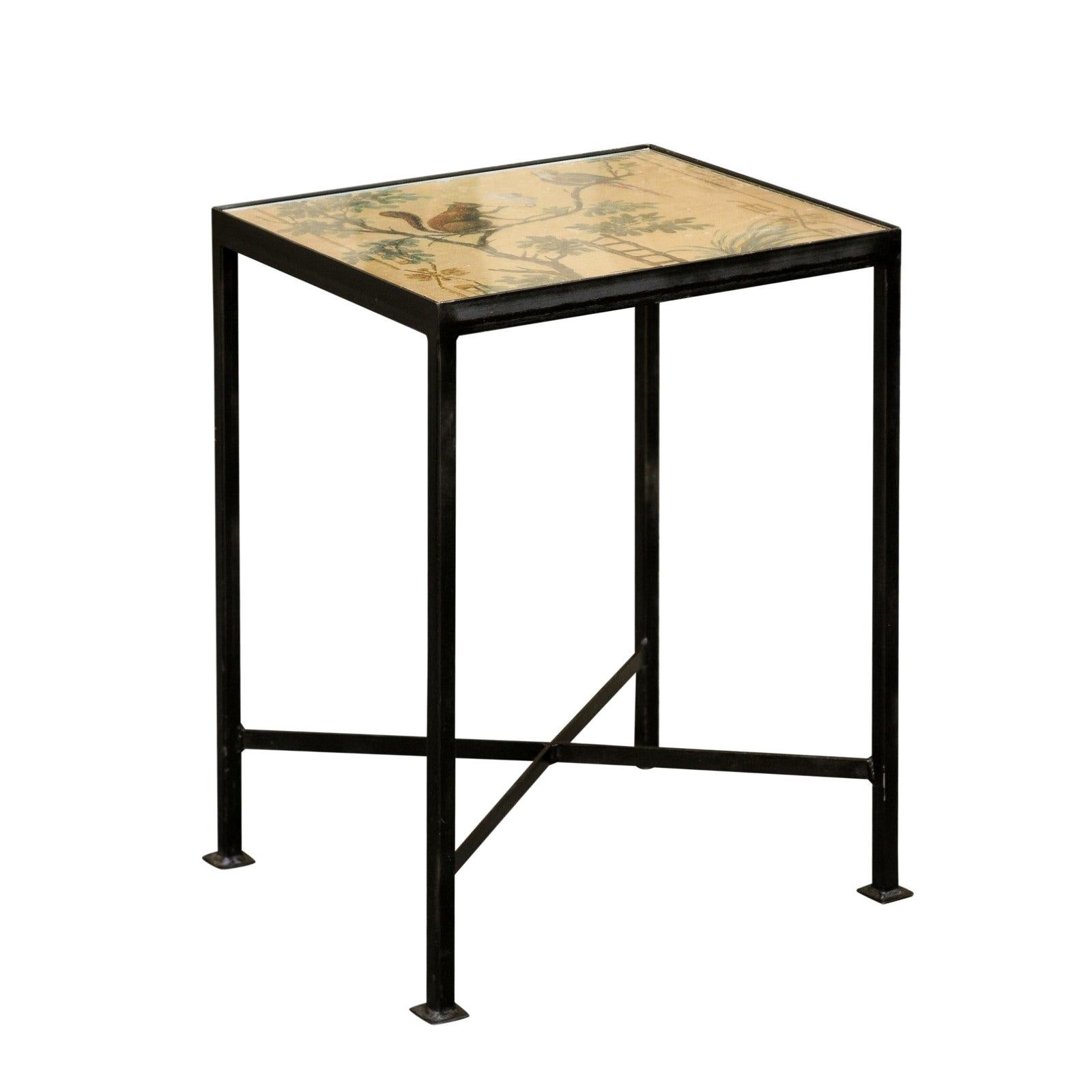 Chinoiserie Contemporary Side Table with Squirrel and Bird Motifs on Iron Base