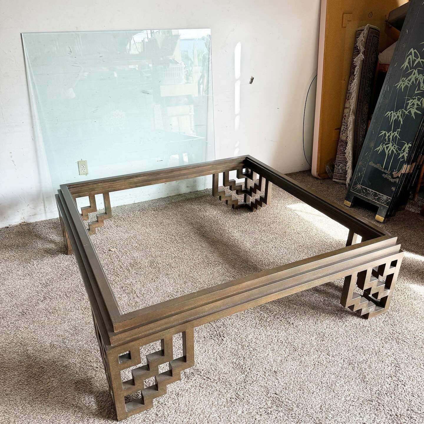 Chinoiserie Cooper Finished Metal With Inlayed Glass Top Coffee Table In Good Condition For Sale In Delray Beach, FL